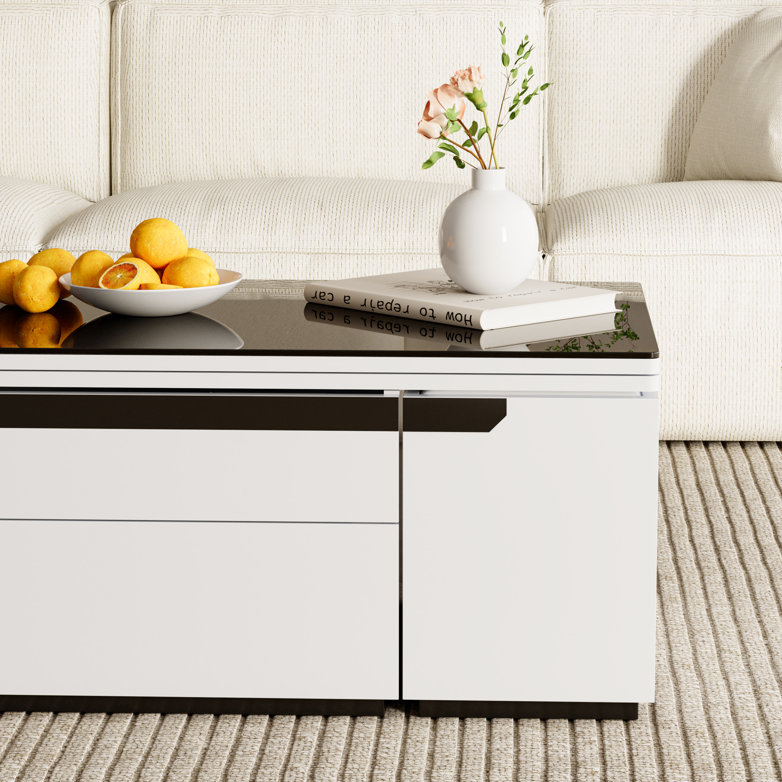 Modern White Lift Top Glass Coffee Table with Drawers & Storage Multifunction Table
