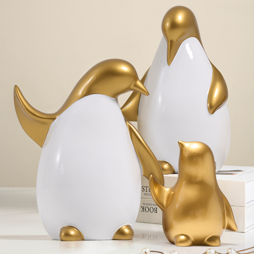 Modern  Desktop White & Gold Penguins Set of 3