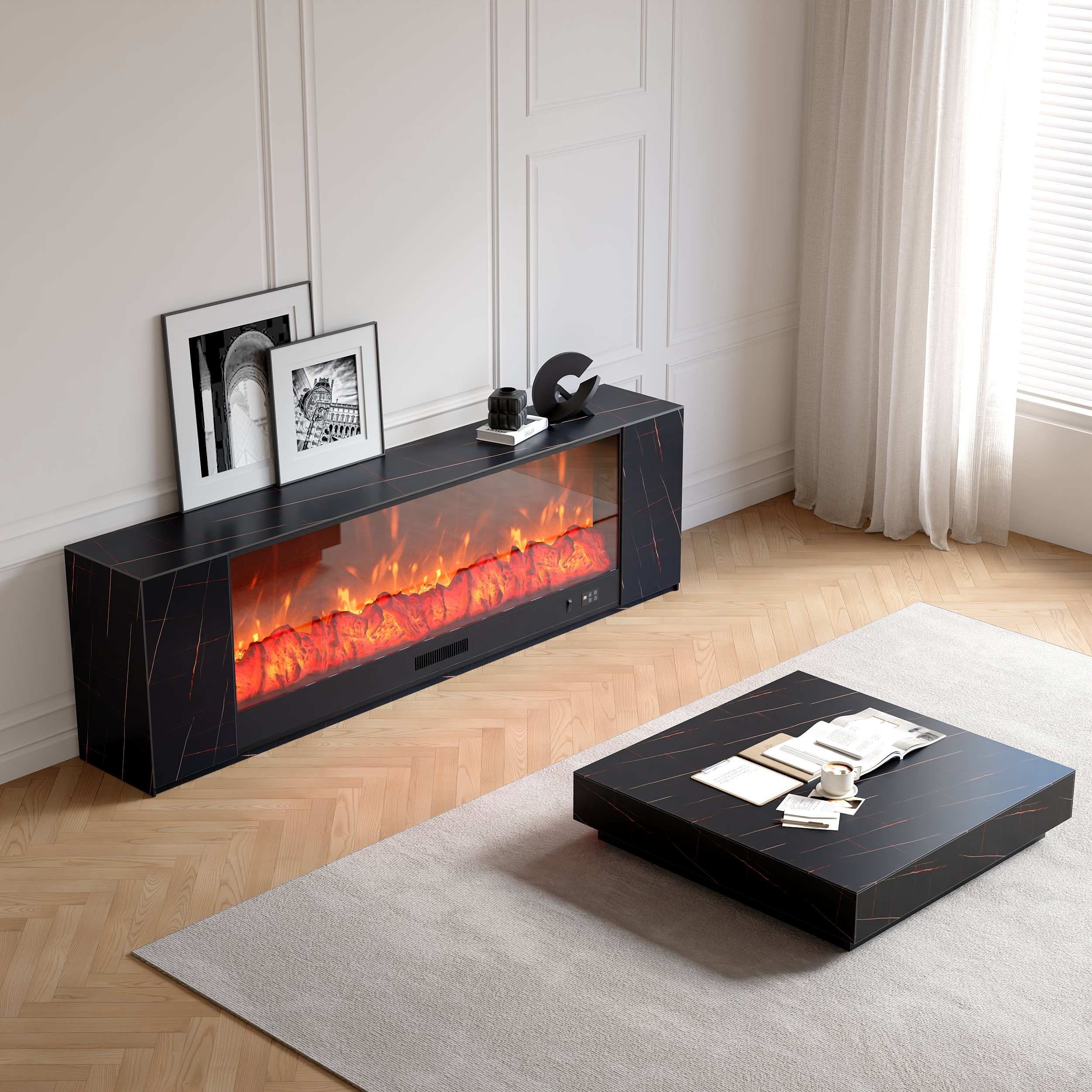 87" Modern Black Marble Veneer Sintered Stone Electric Fireplace TV Stand with Remote Control