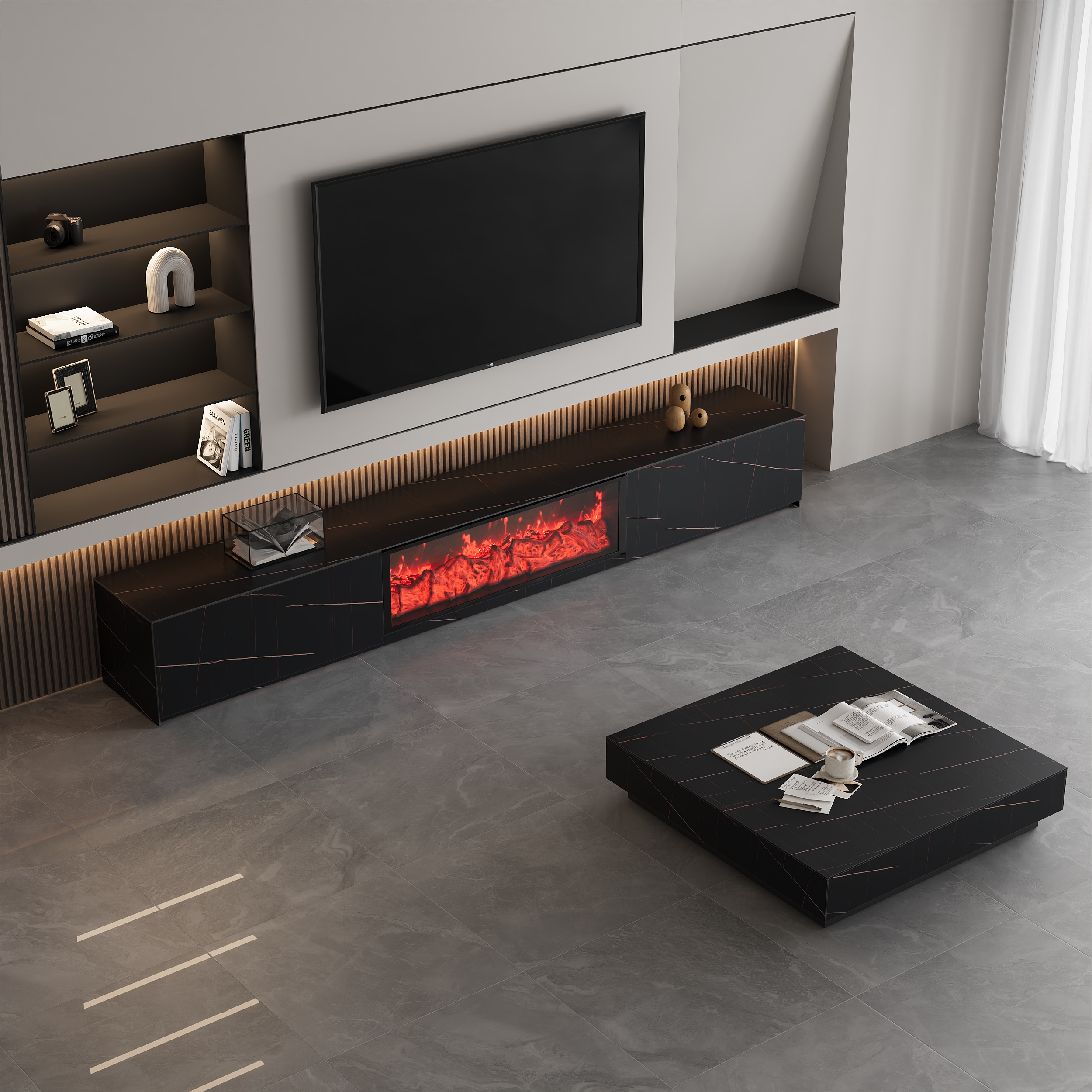  86.6" Electric Fireplace Marble Veneer Sintered Stone Storage TV Stand with Remote Control for 85" TV & Square Coffee Table Set