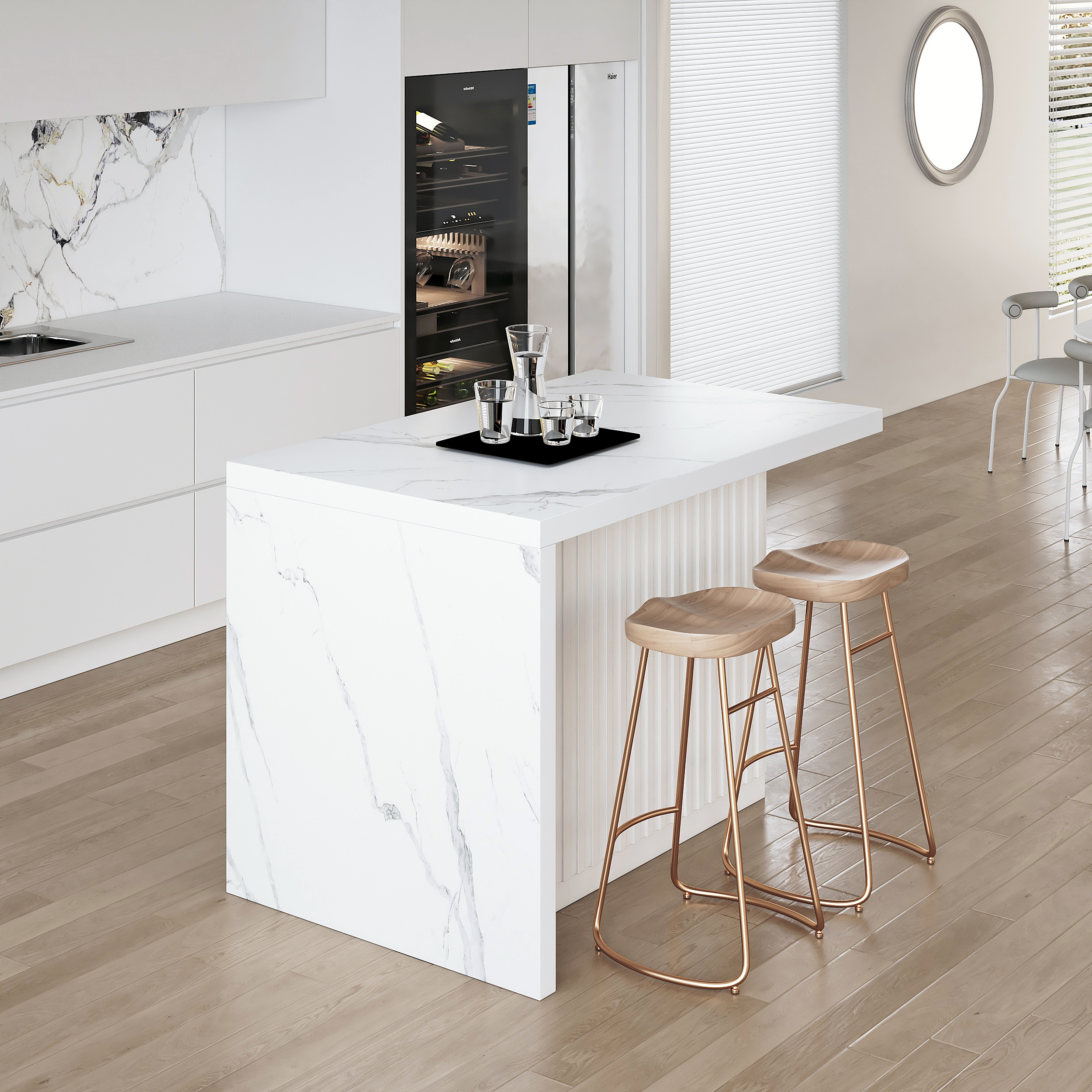 50" Large Kitchen Island Marble Veneered Top with Storage White Kitchen Cabinet