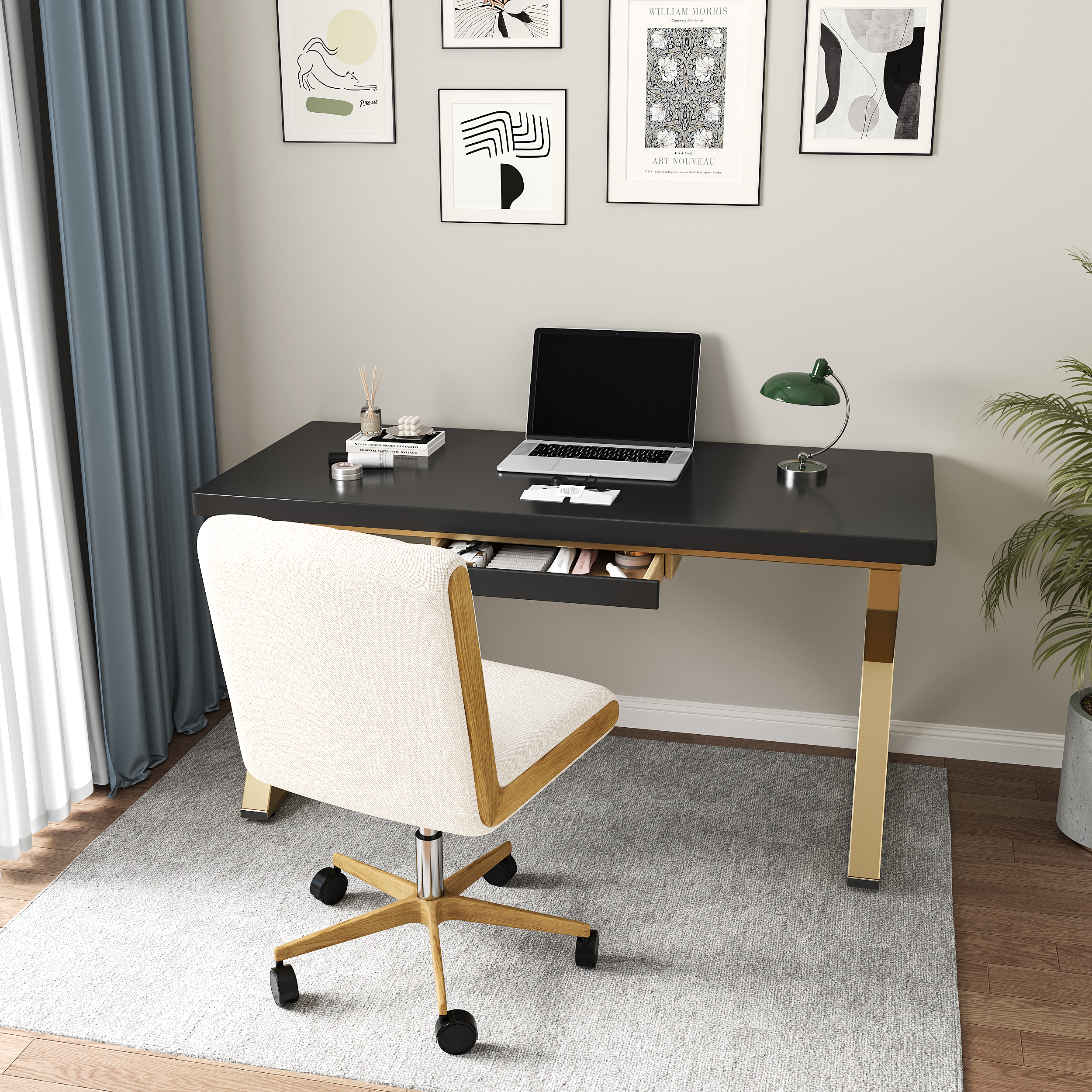 47" Modern Rectangular Black Writing Desk with Gold Metal Base Wooden Home Office Desk with Drawer