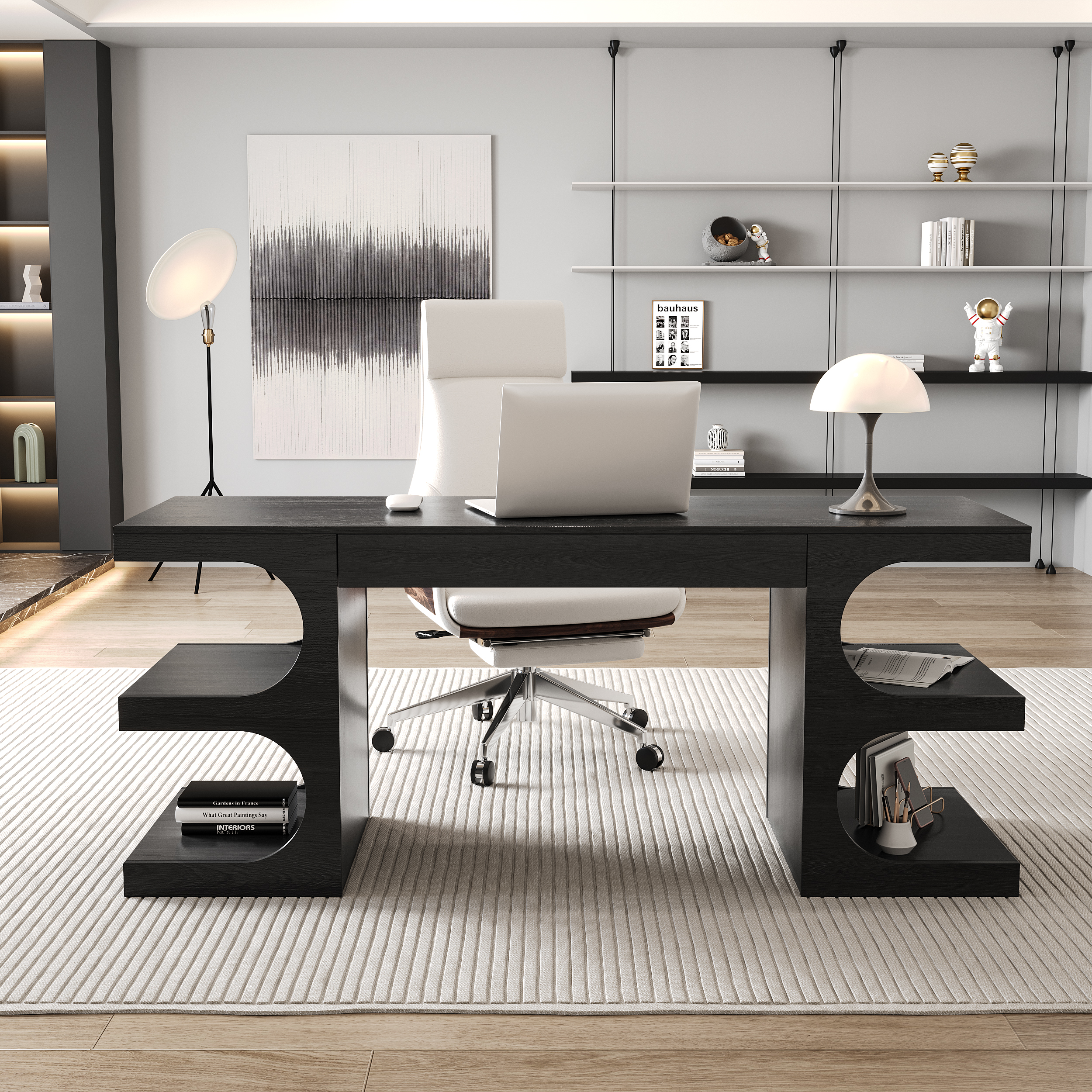 64.2" Black Wooden Writing Desk & White Leather Office Desk Chair Set High Back 
