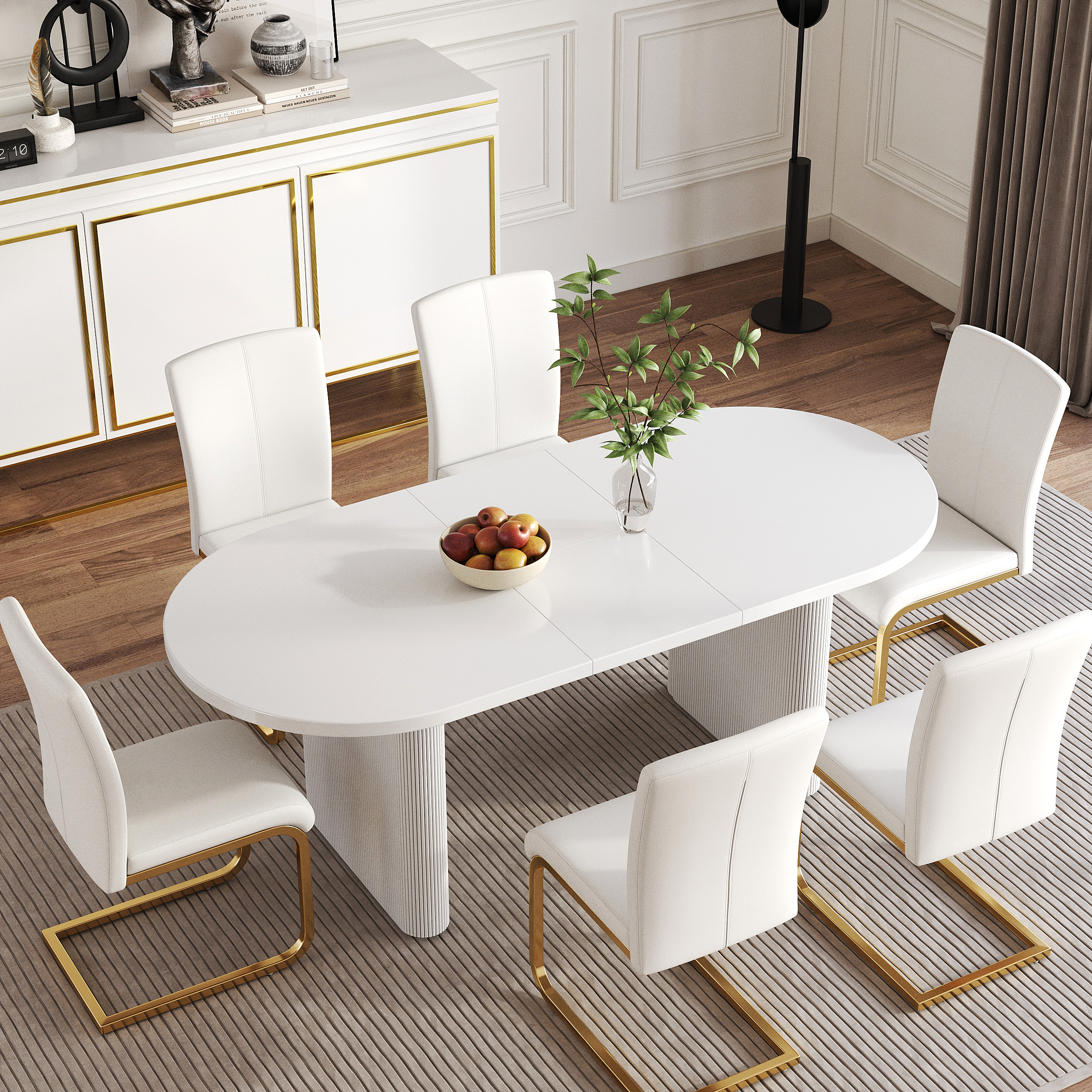 63"-79" Oval Dining Table Extendable Butterfly Leaf for 6-8 Japandi White Kitchen Table for Small Spaces