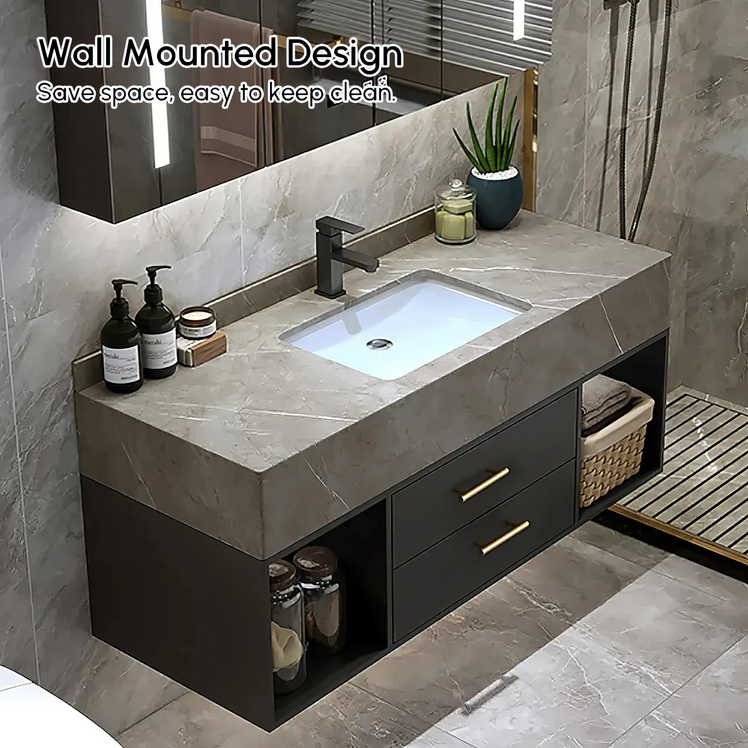 39.4" Floating Bathroom Vanity Black with Cultured Marble Vessel Sink with 2 Drawers