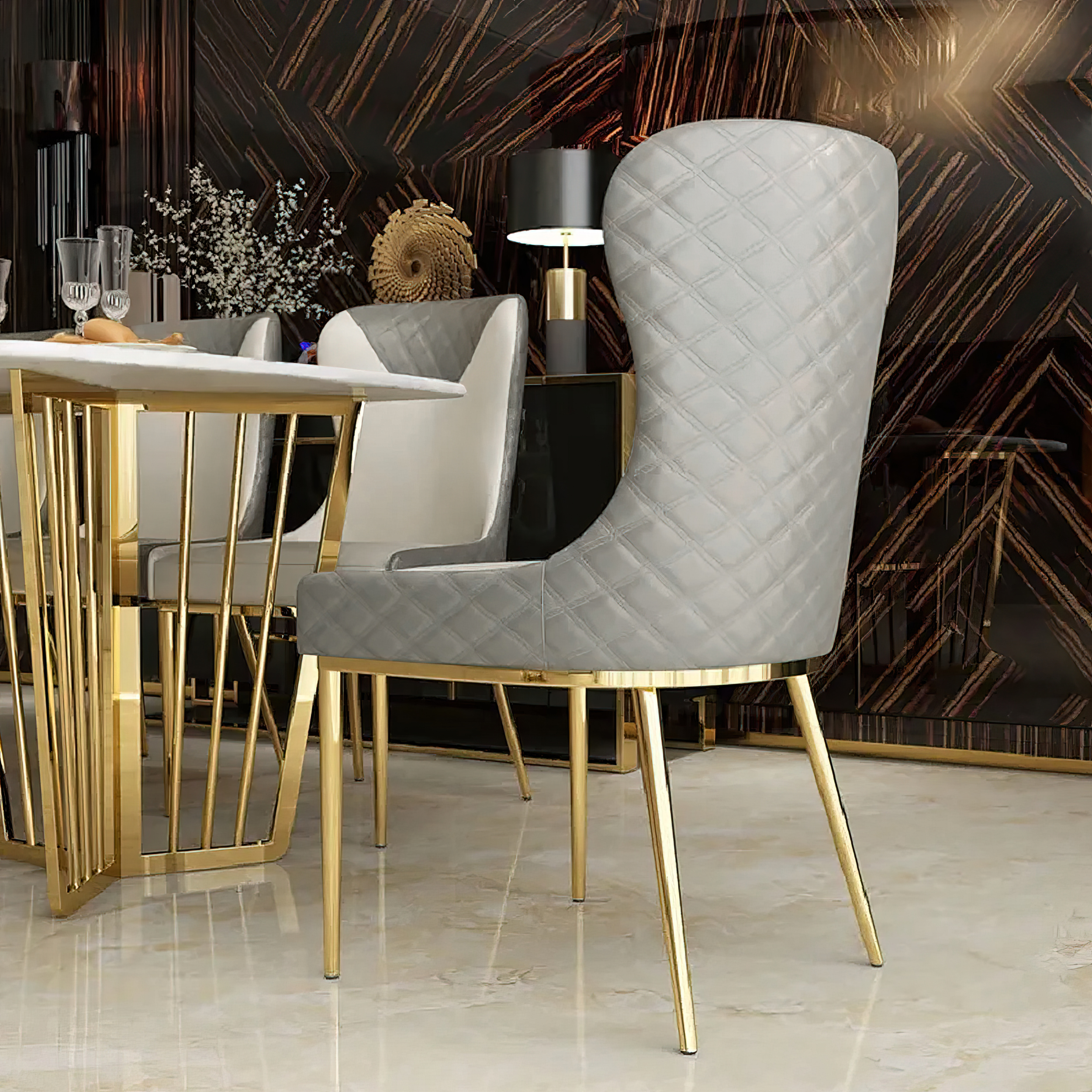 Modern Wingback Dining Chair Gray PU Leather Upholstered Side Chair 6-Pieces Gold Legs