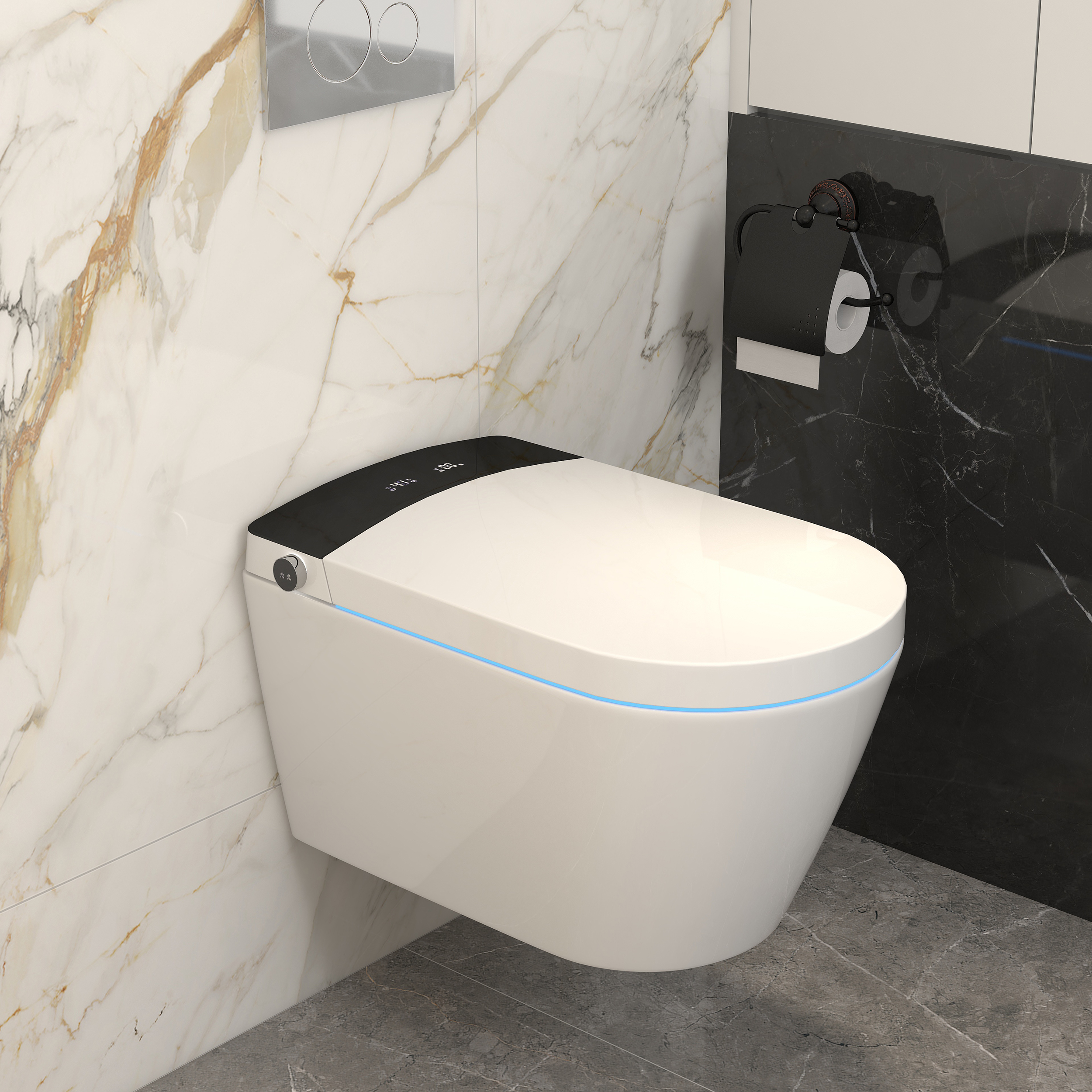 Elongated One-Piece Smart Toilet Wall Mounted 1.28 GPF with In-Wall Tank Modern Smart Toilet