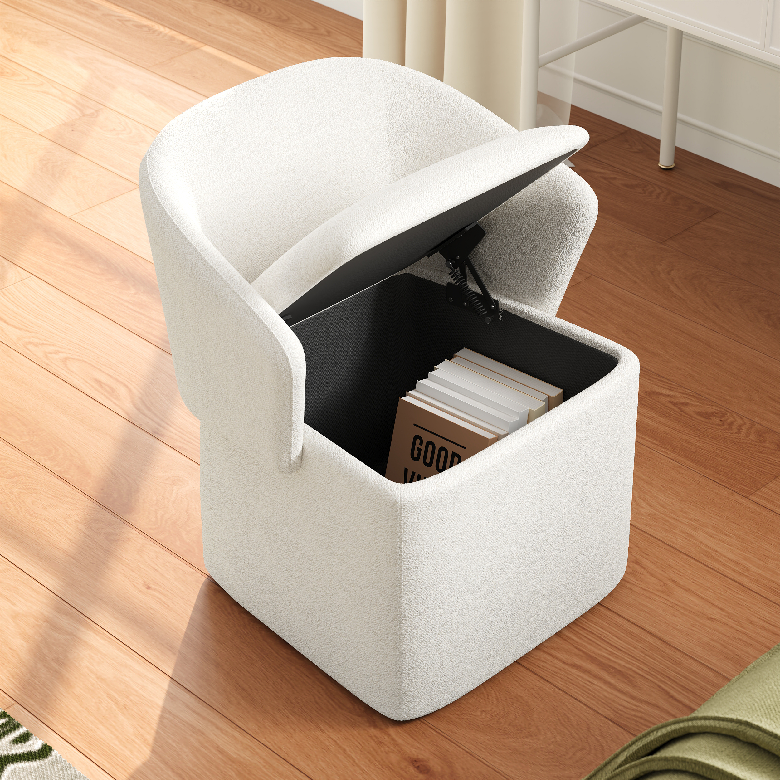 Modern White Velvet Vanity Stool with Storage