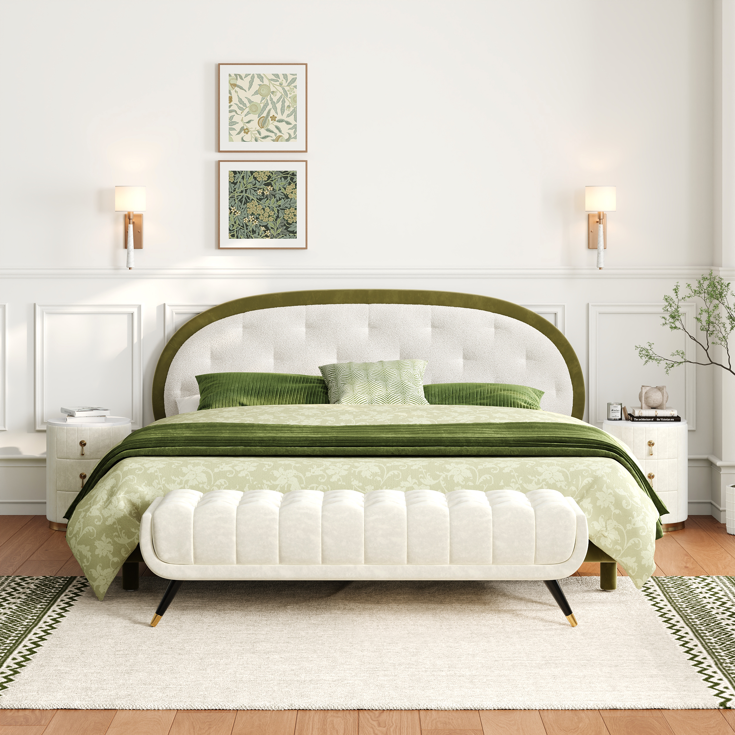Modern White & Green Velvet & Boucle Platform King Bed Frame