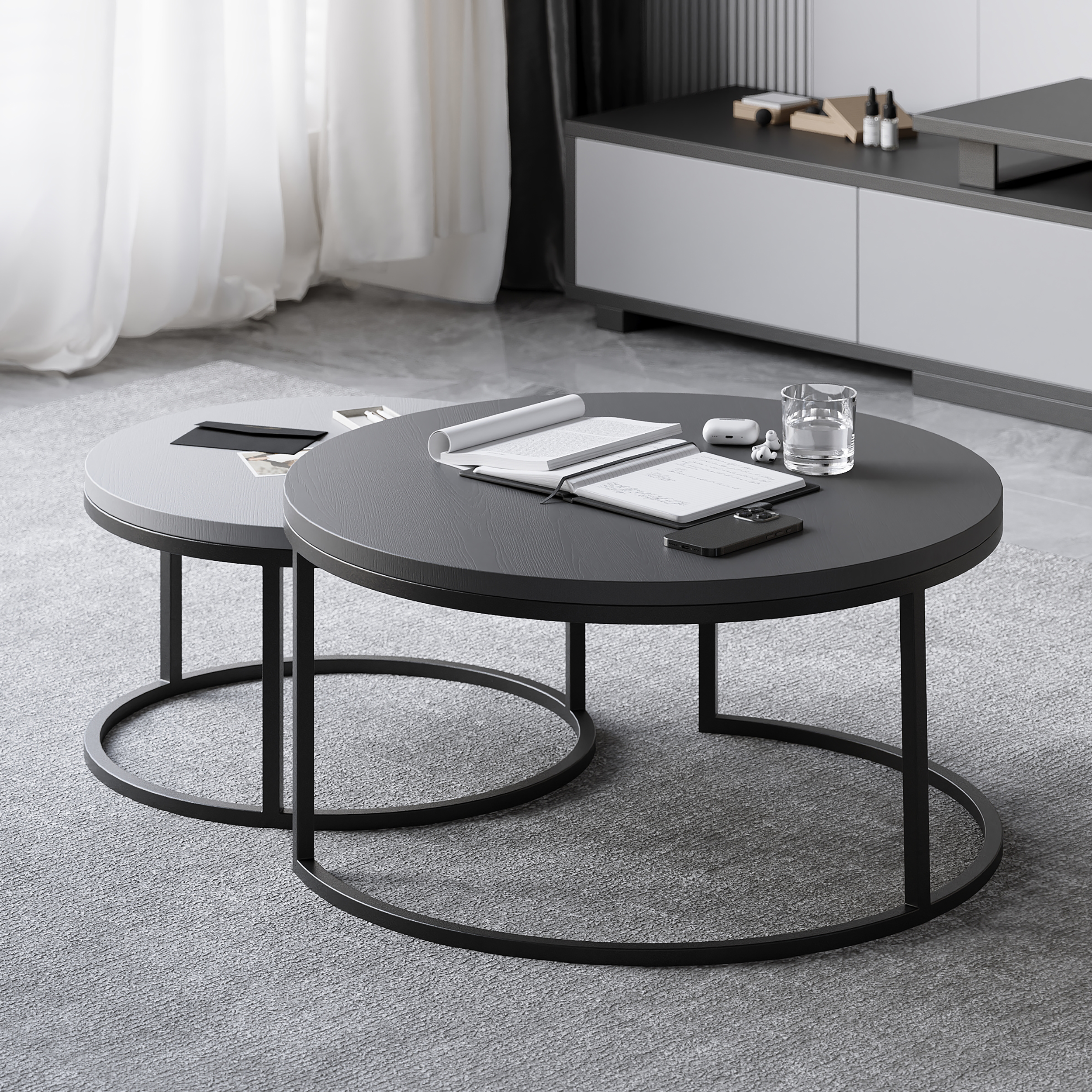 Living Room Cabinet Set Rectangle Gray Extendable TV Stand & Wood Round Nesting Coffee Table