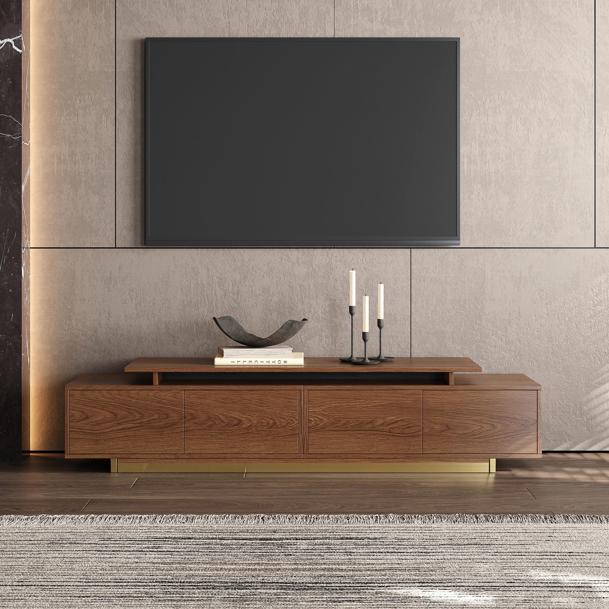 Mordelle Modern Rectangle Glossy Walnut Extendable TV Stand Storage for 65 to 85 inch TV
