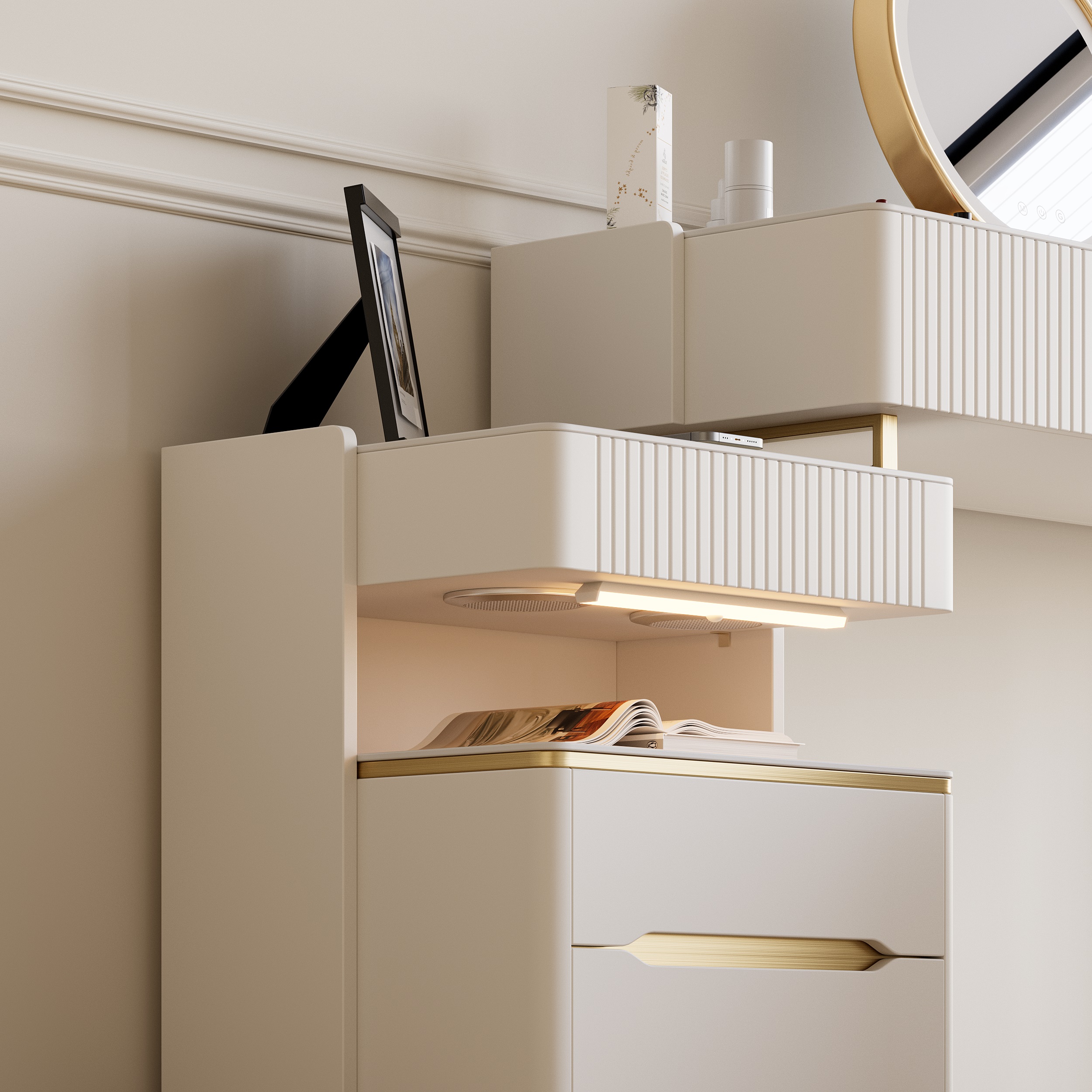 Modern Makeup Vanity Set Dressing Table with Charging Station & Light & Bluetooth Speakers