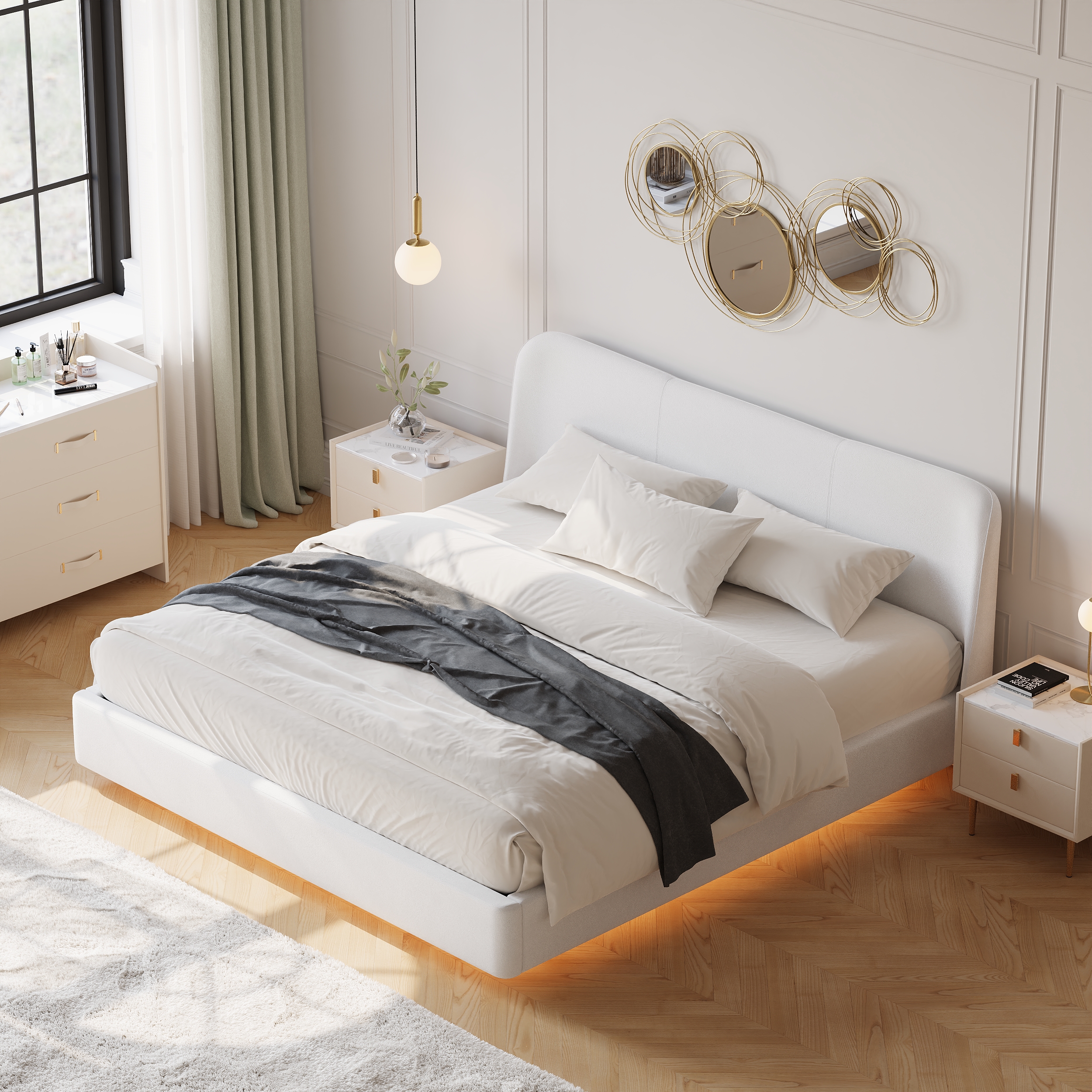 Modern White Velvet King Floating Wingback Bed with Storage & Light