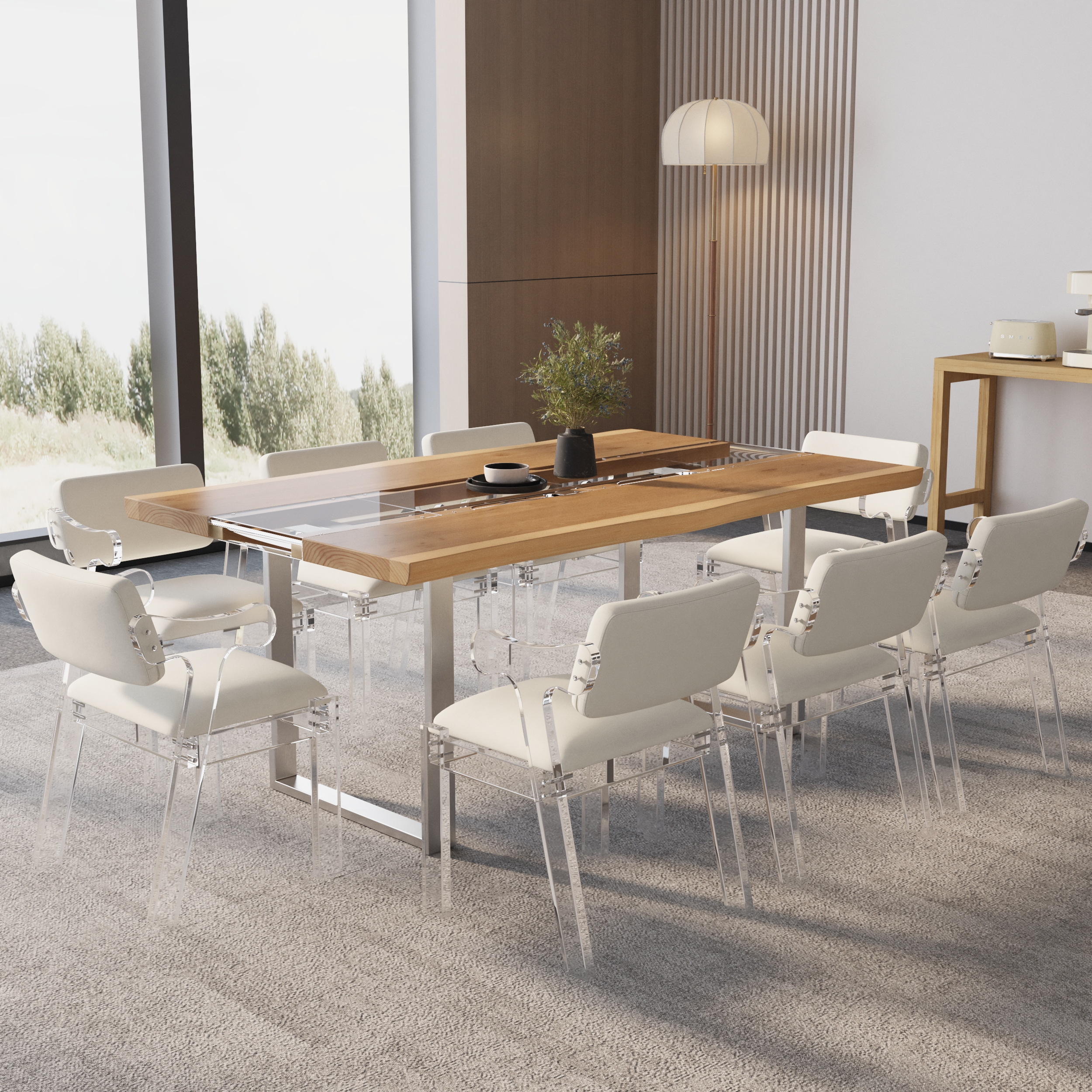 Rectangle River Live Edge Dining Table & 8 Dining Chairs Set Clear Acrylic Table Upholstered PU Leather Chair