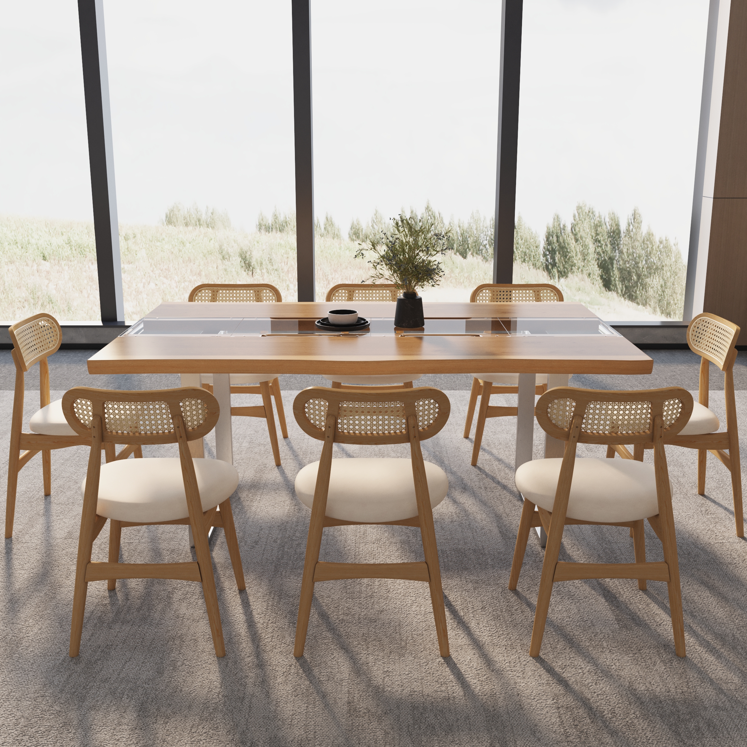 Rectangle River Live Edge Dining Table & 8 Dining Chairs Set Clear Acrylic Table Japandi Rattan