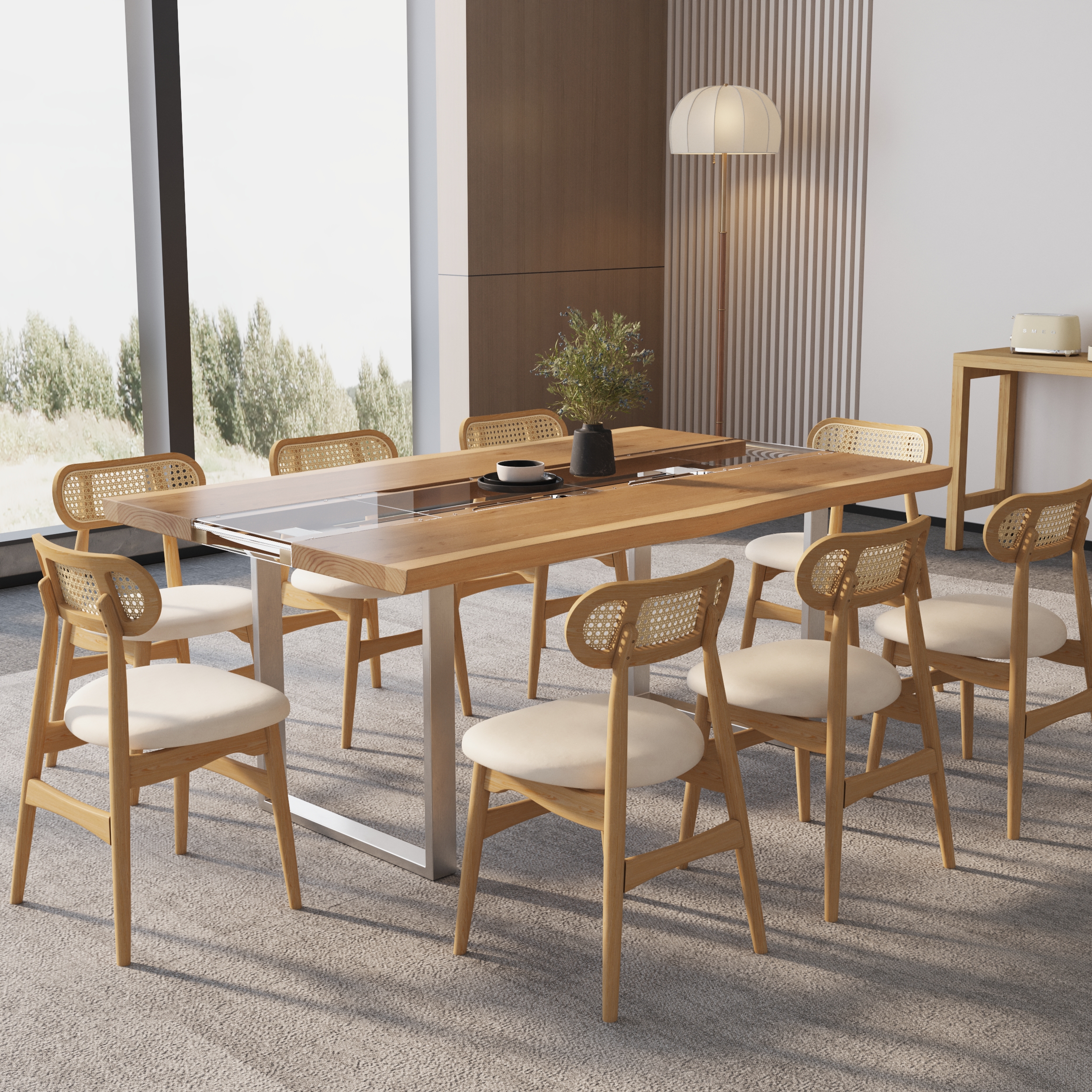 Rectangle River Live Edge Dining Table & 8 Dining Chairs Set Clear Acrylic Table Japandi Rattan