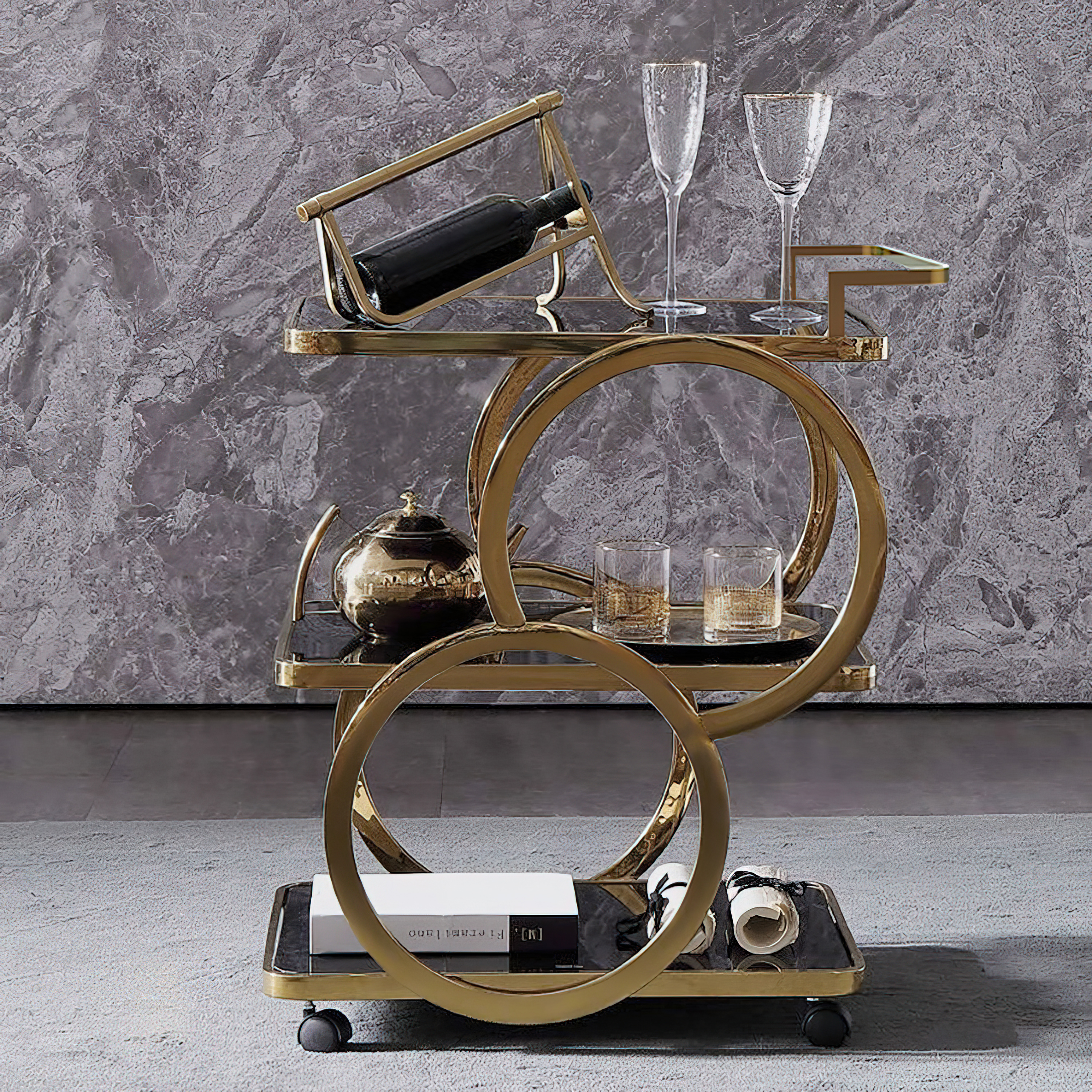 Rolling 3-Tier on Wheel Bar Cart with Handle in Black & Brushed Gold Style A