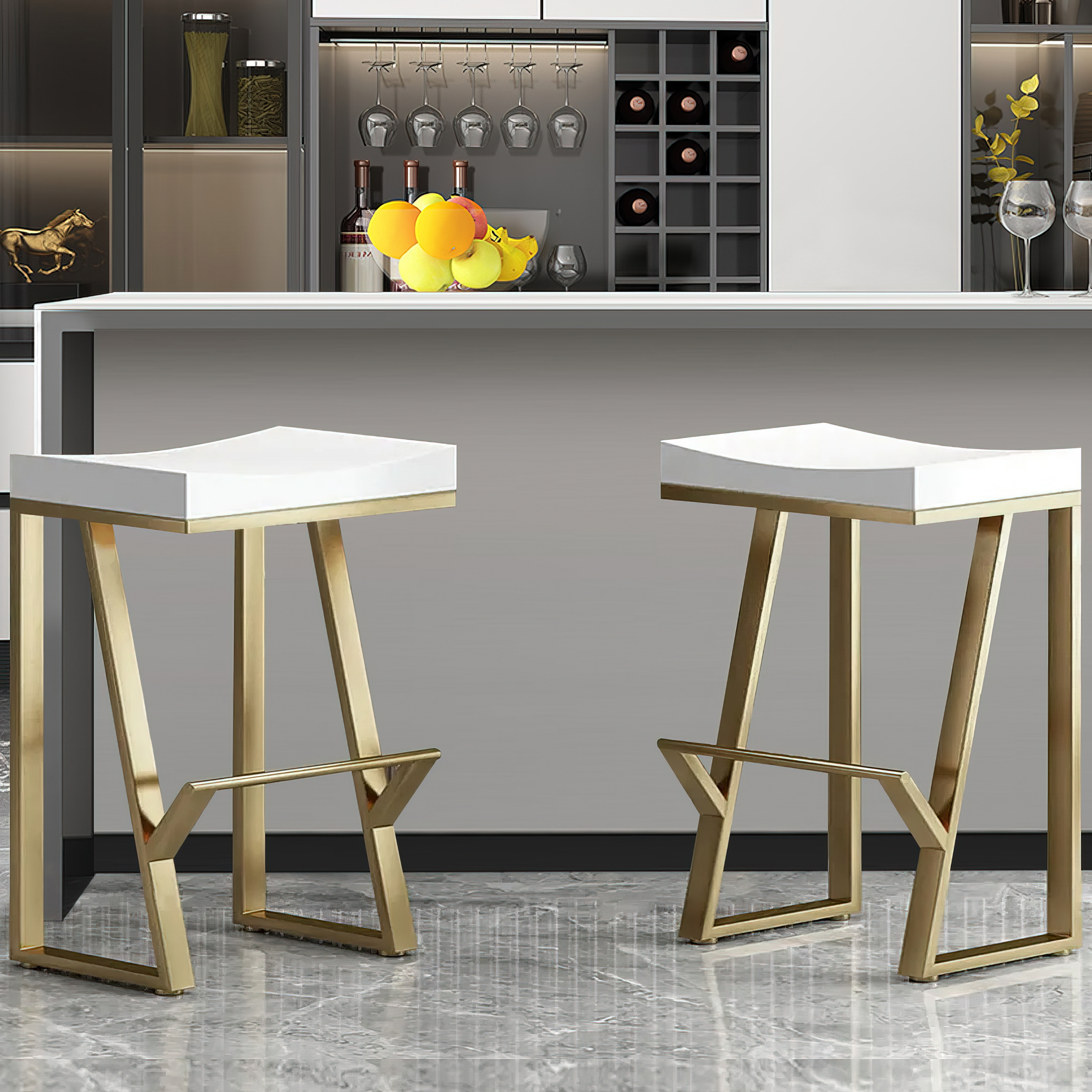 25.6" Modern White Solid Wood Counter Stool Backless with Golden Footrest