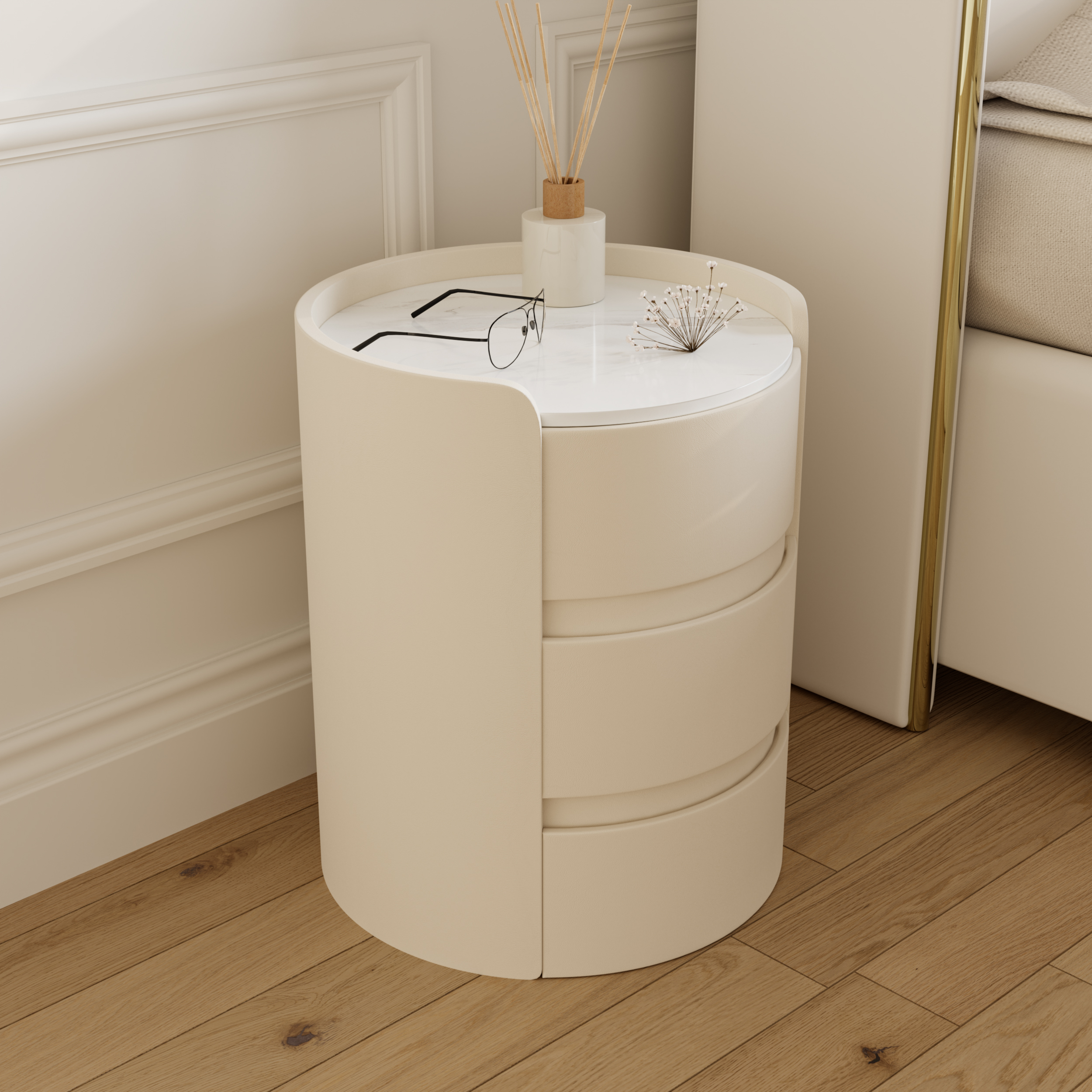 Modern White Leather 3-Drawer Nightstand Sintered Stone Top Round Bedside table