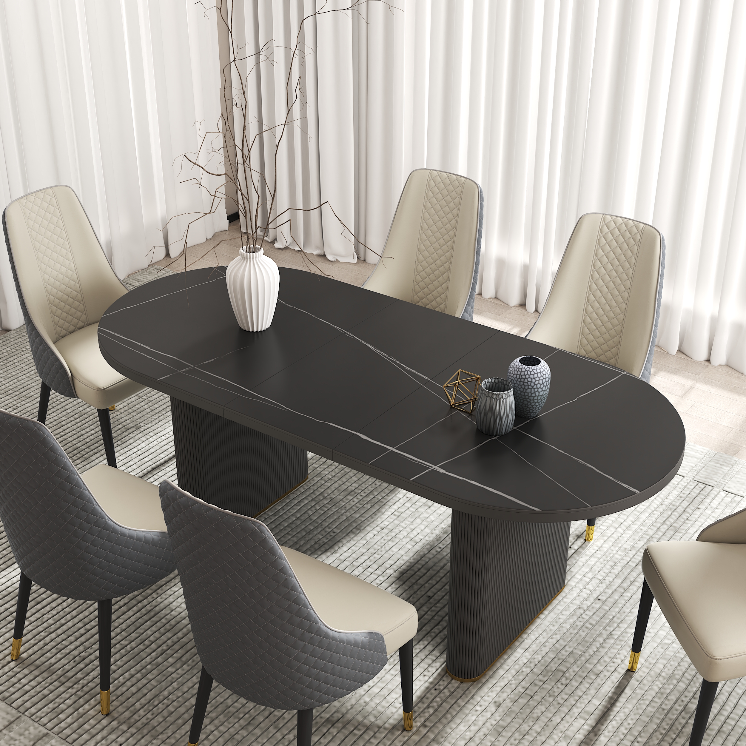 Mesa de comedor ovalada de 79 a 95 pulgadas, extensible, tapa de piedra sinterizada con hojas de mariposa, 8 a 10 plazas, negra