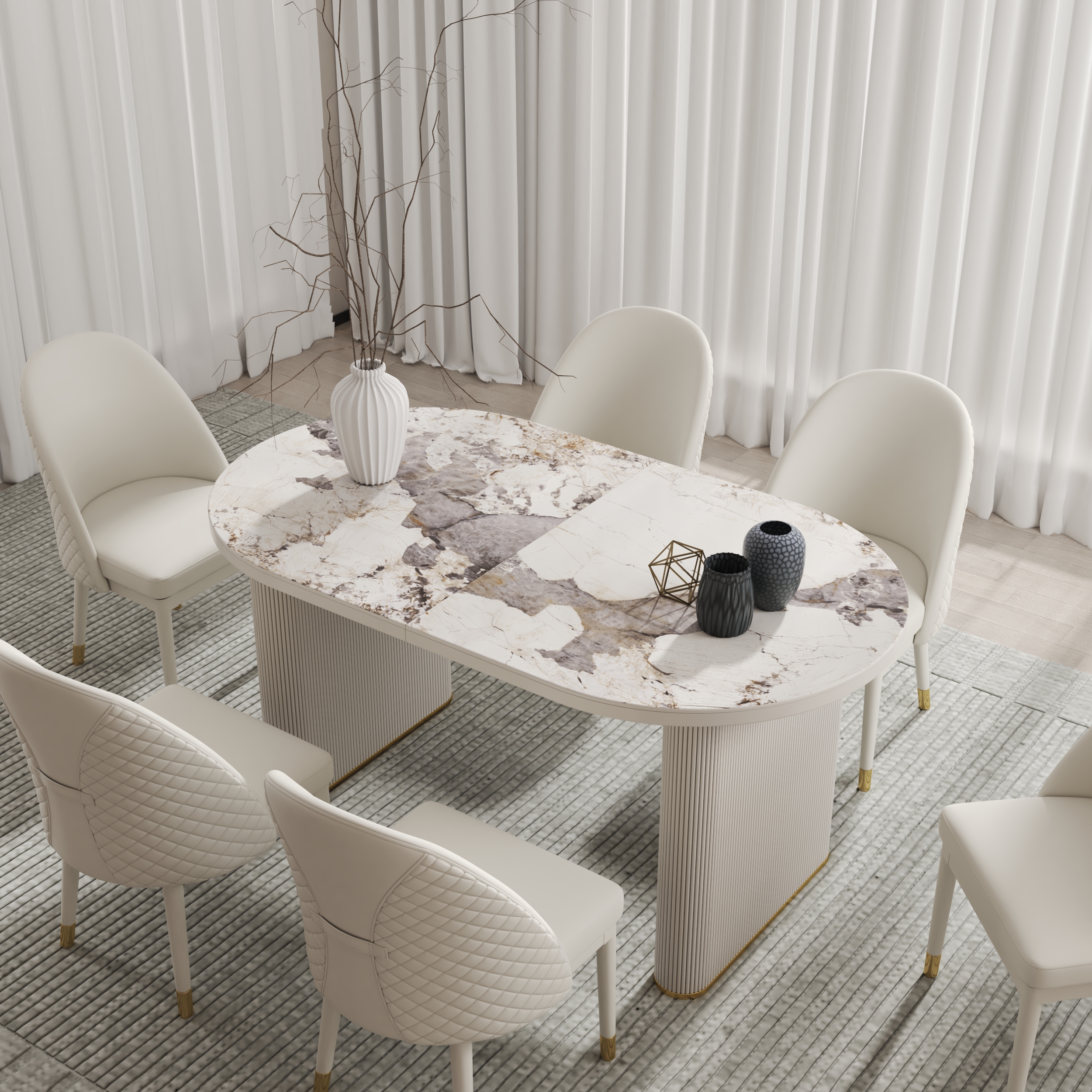 79''-95'' Oval Dining Table Glossy Faux Marble Top Extendable Butterfly Leaf for 8 White