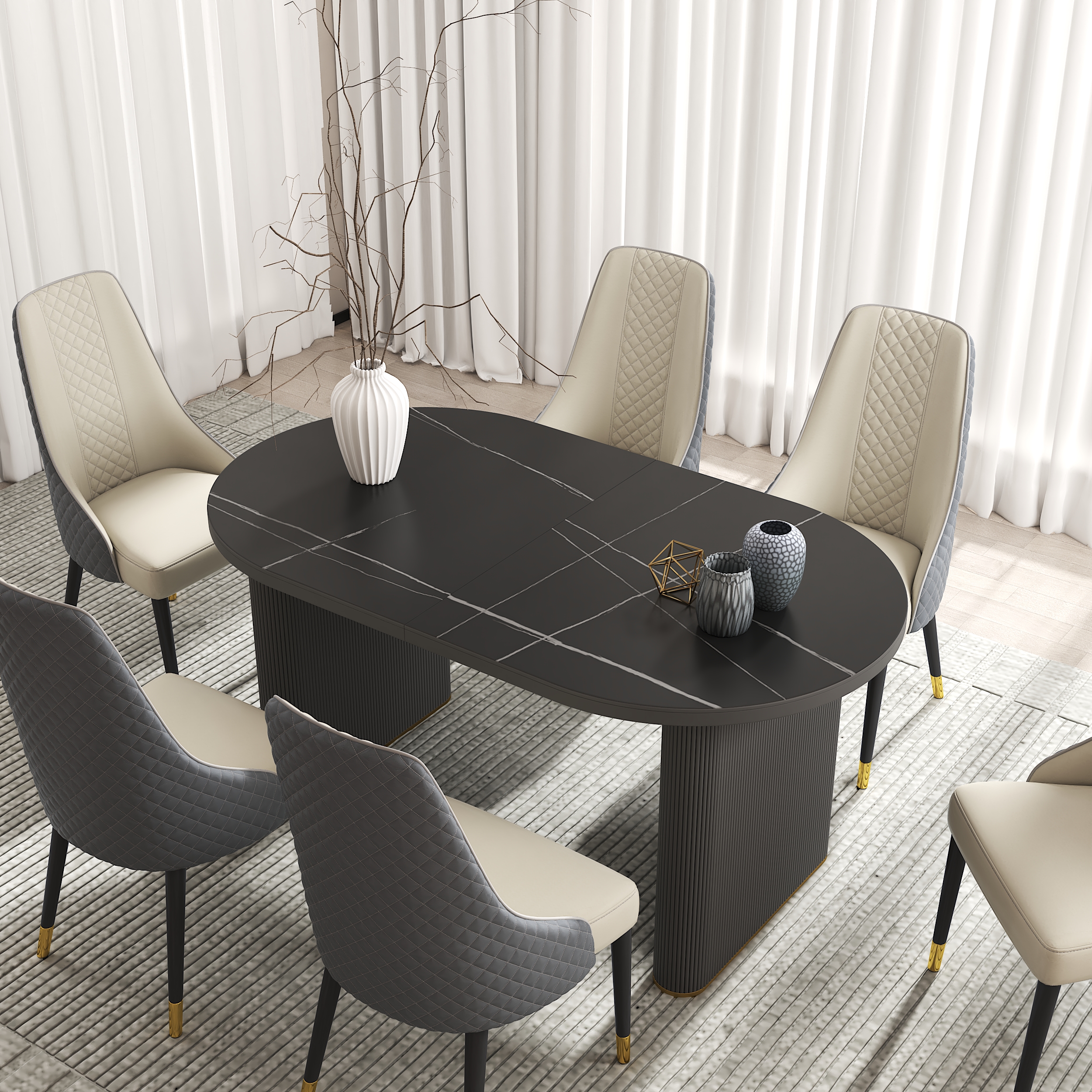 79"-95" Oval Expandable Dining Table Faux Marble Top Butterfly Leaf for 10 Black Extendable