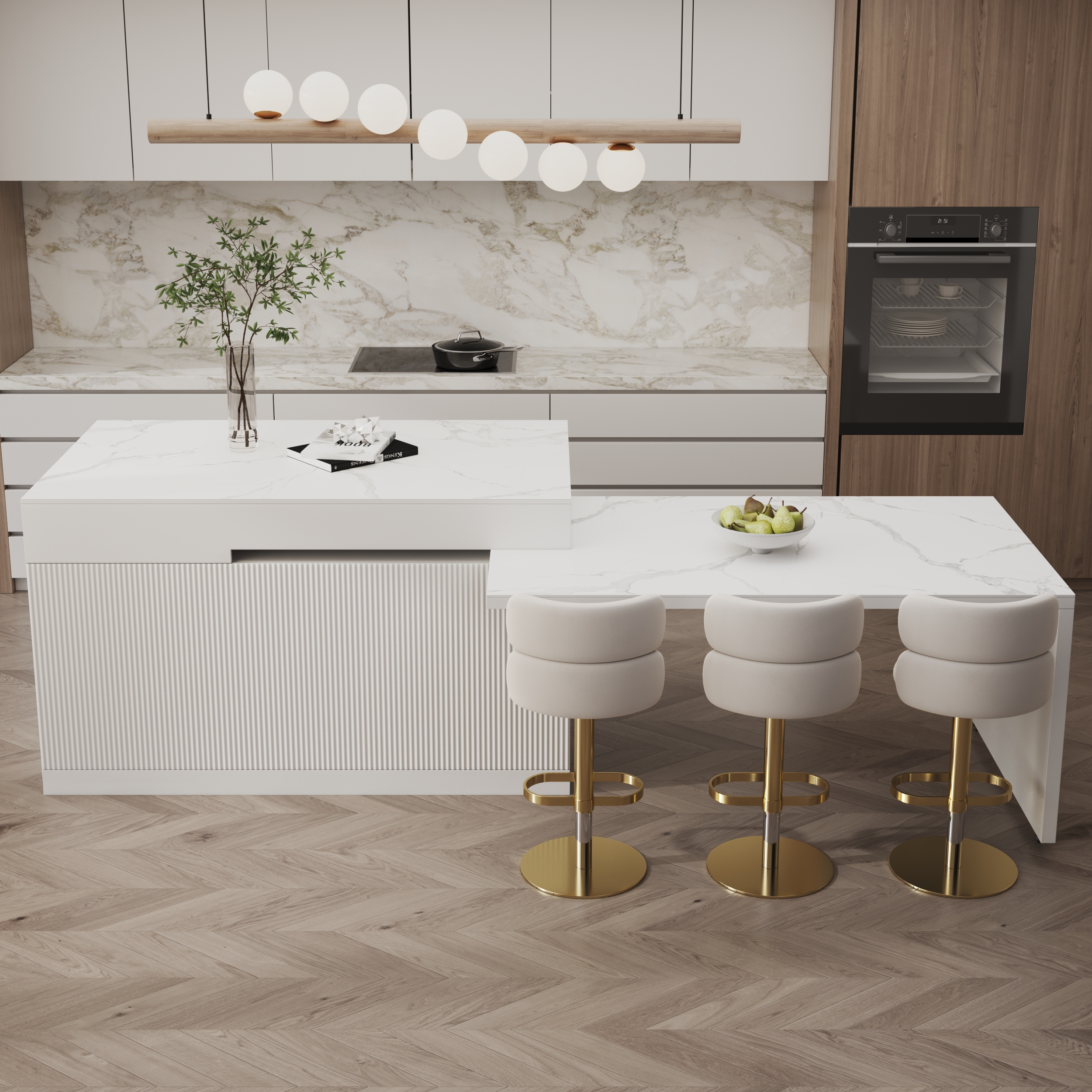 81''-106" Modern Extendable Sintered Stone Kitchen lsland Withe with Doors and Drawers