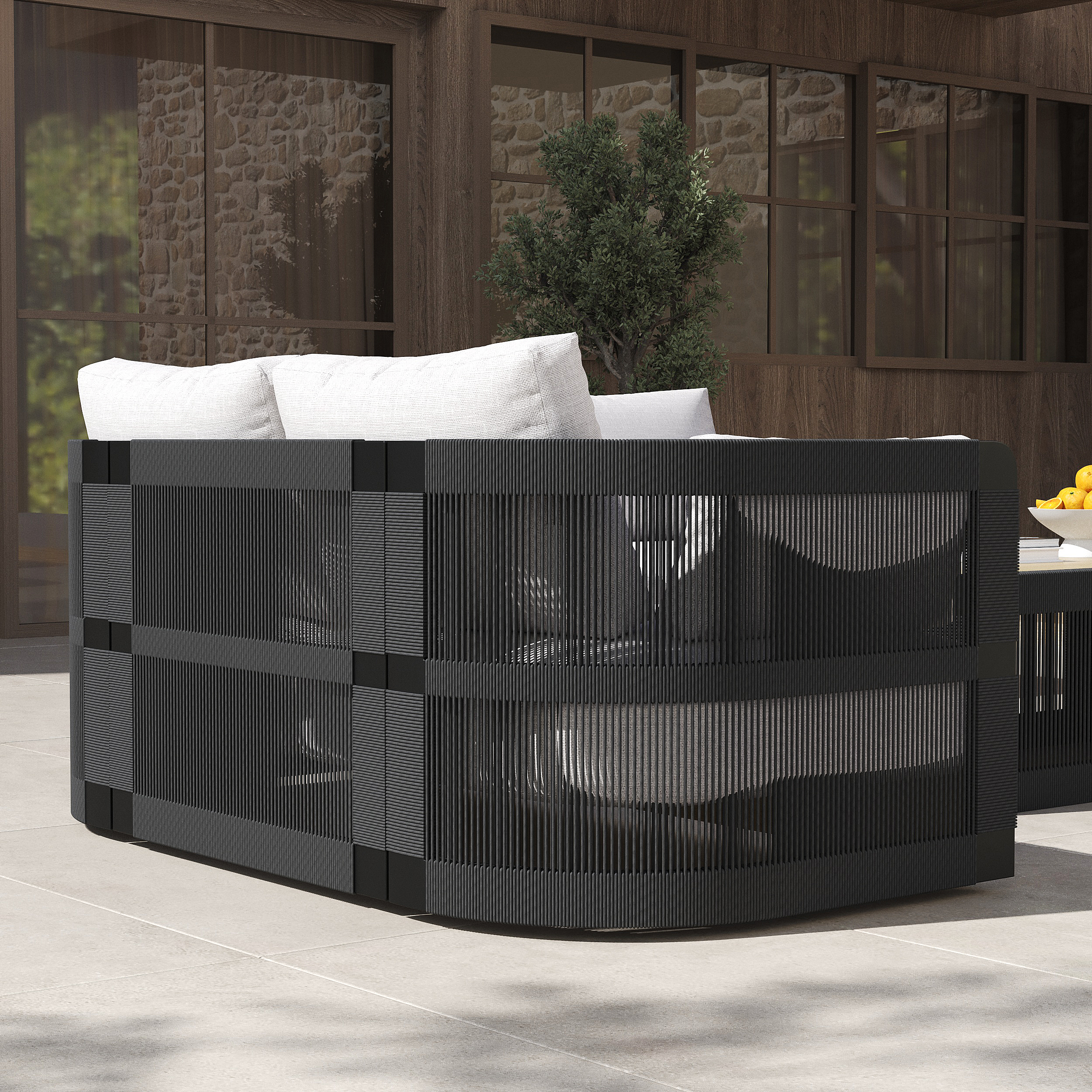 3-Pieces Modern Aluminum & Rope Outdoor Swivel Sofa Set with Coffee Table in Black for 4