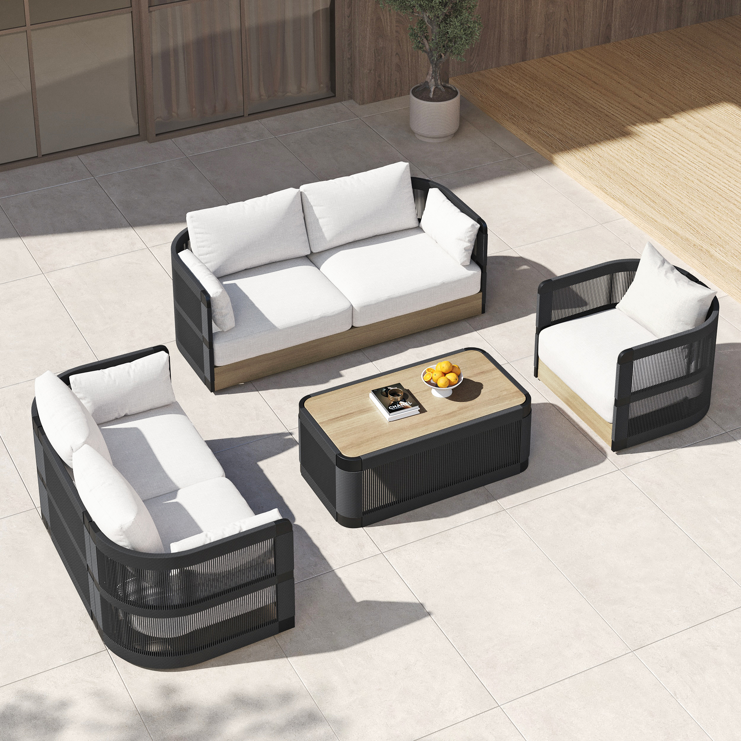 4 PCS Modern Aluminum & Rope Outdoor Swivel Sofa Set with Coffee Table in Black for 6 People, Modern Wood Outdoor & Yard Rope Sofa Set