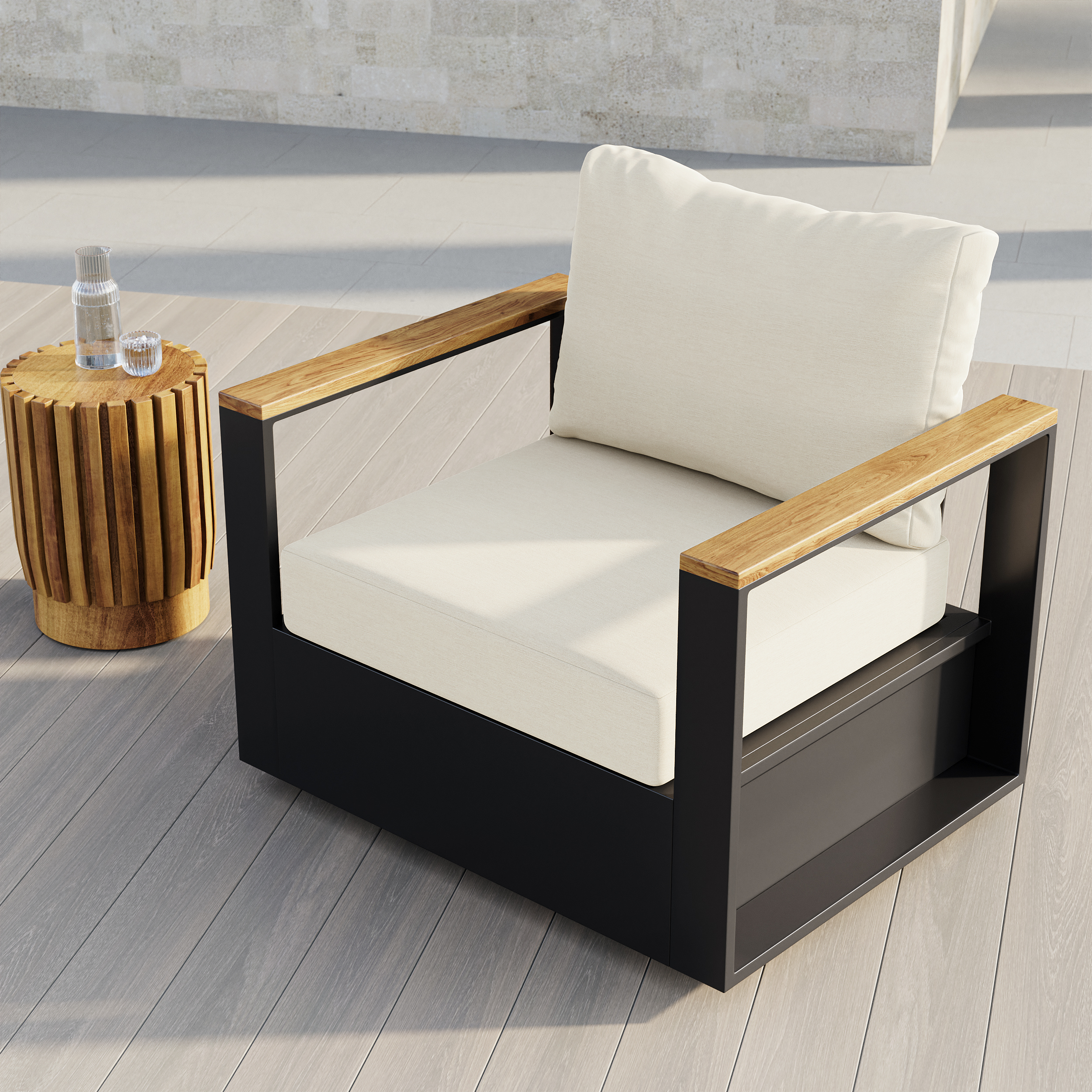Wood & Aluminum Outdoor Swivel Chair Modern Yard & Patio Furniture in Beige Cushion Included Set of 2