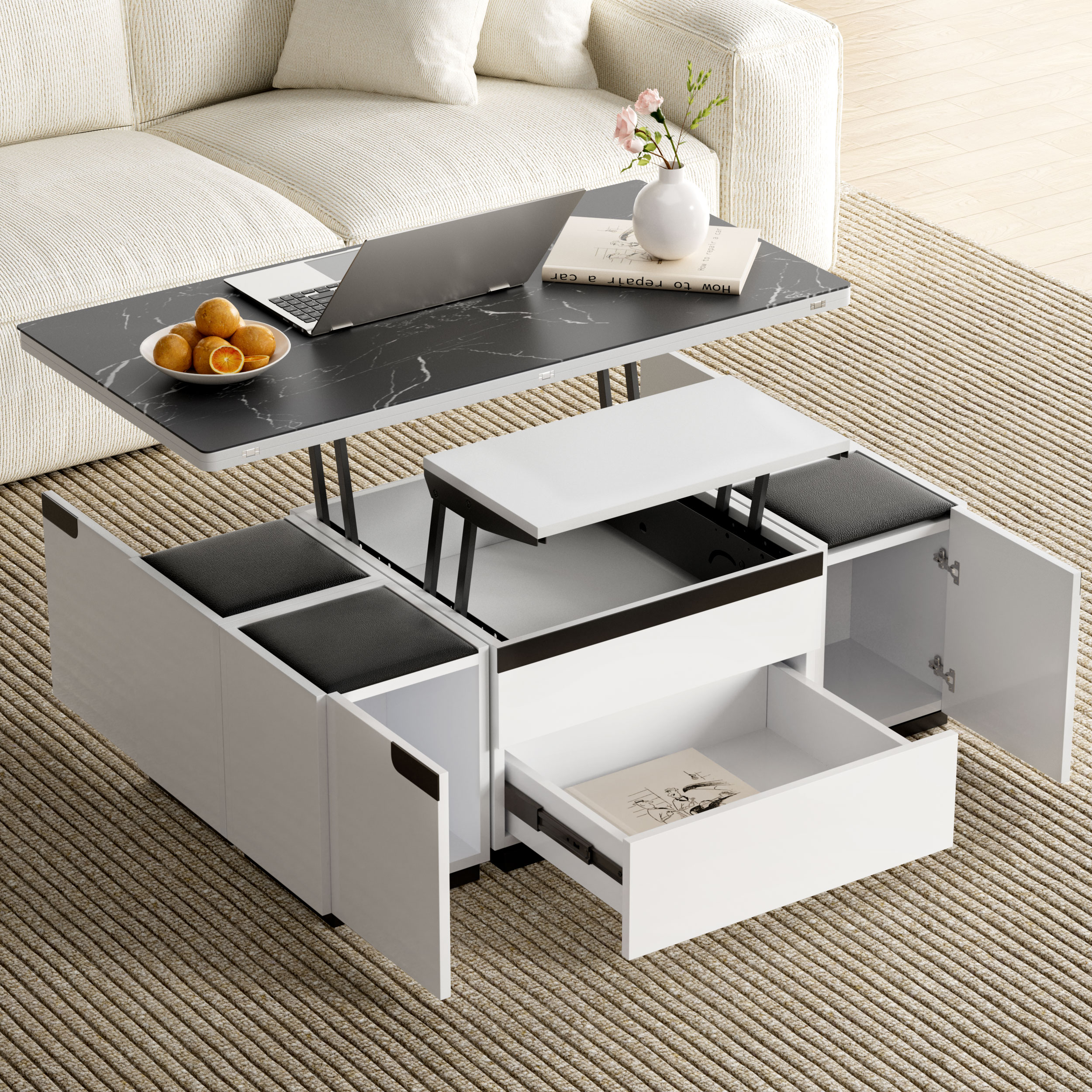 Modern White Lift Top Marble Coffee Table with Drawers & Storage Multifunction Table