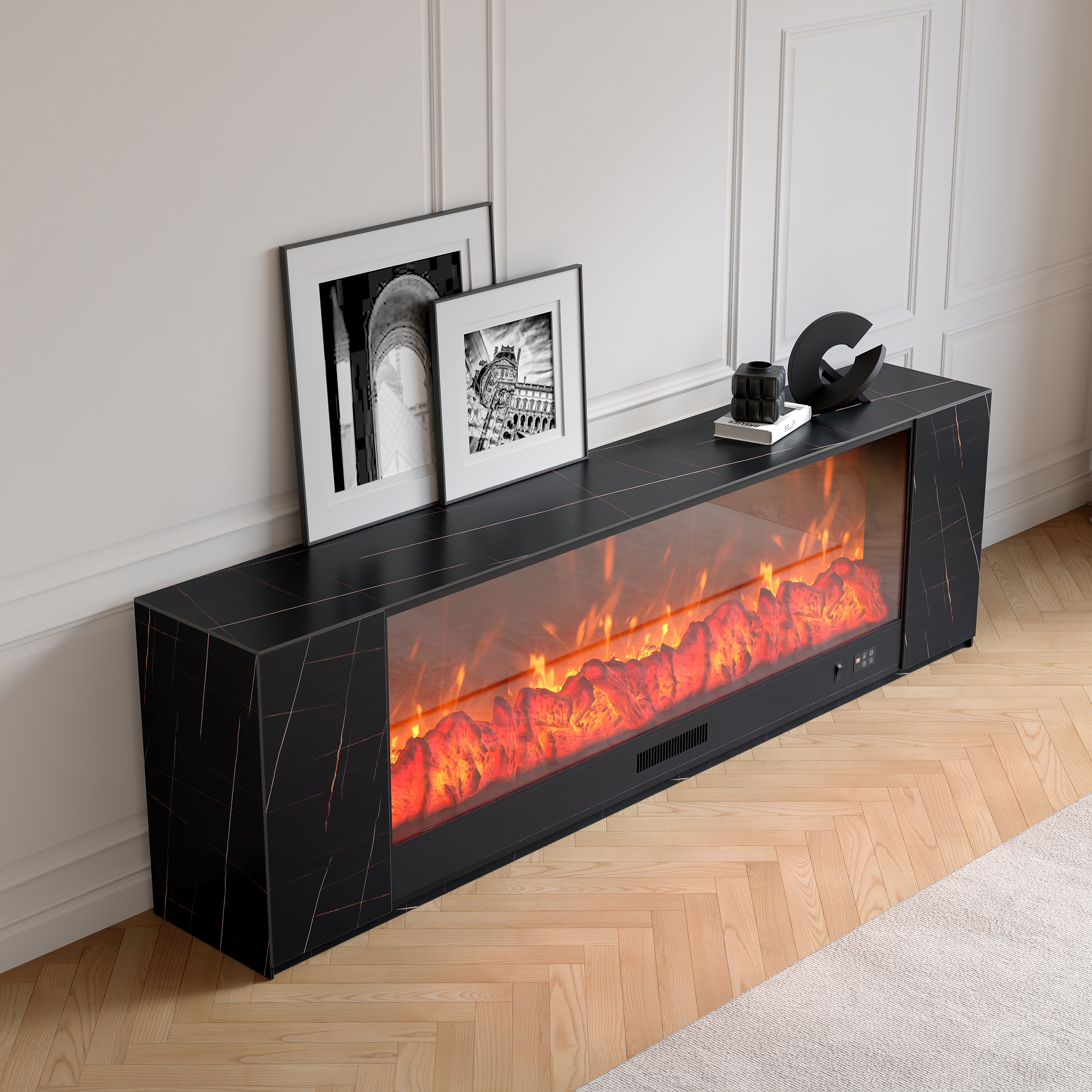 87" Modern Black Marble Veneer Sintered Stone Electric Fireplace TV Stand with Remote Control Temperature Adjustable