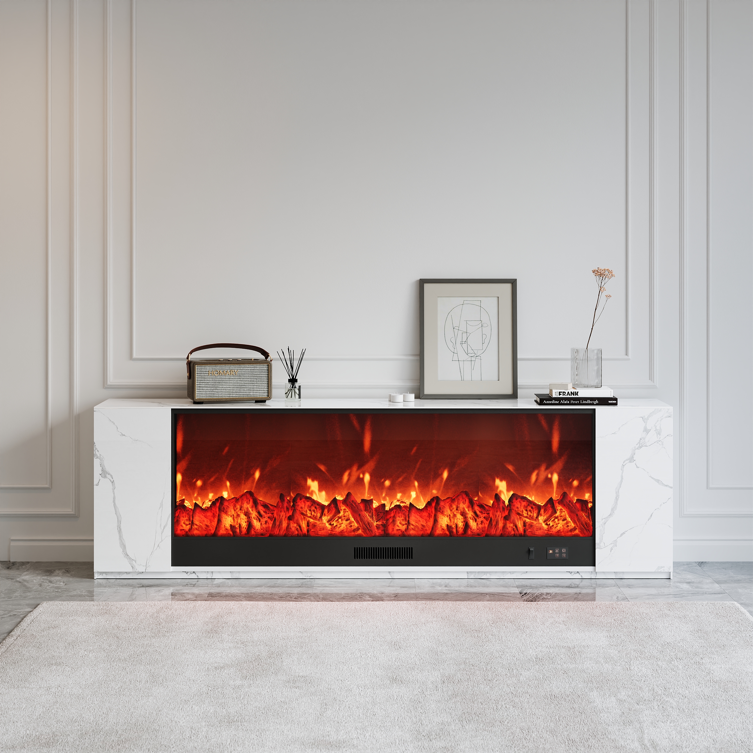 87" Modern White Marble Veneer Sintered Stone Electric Fireplace TV Stand with Remote Control Temperature Adjustable