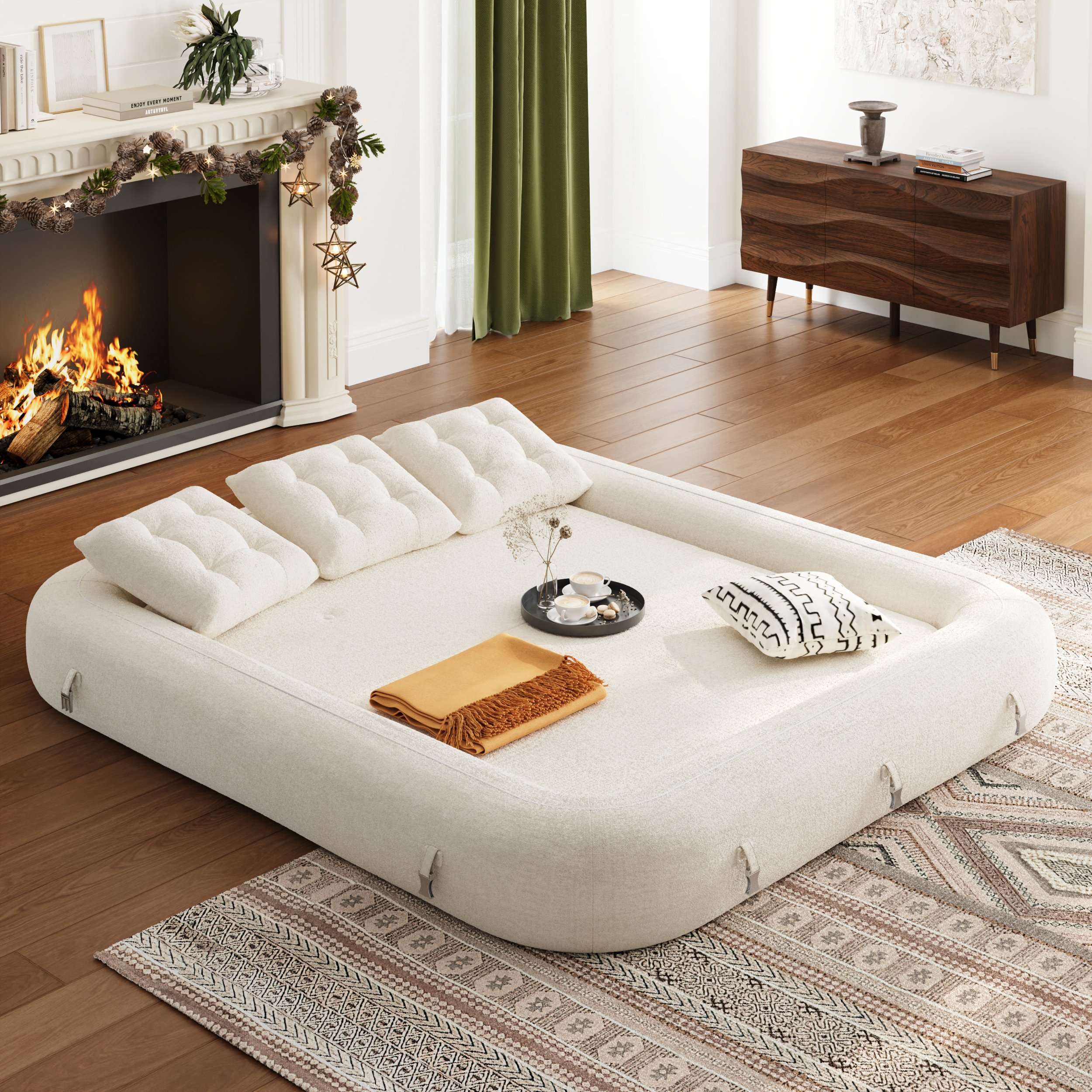 King Size White Velvet Upholstered Sleeper Sofa 3-Seater Modern 82" Convertible Futon Sofa Bed