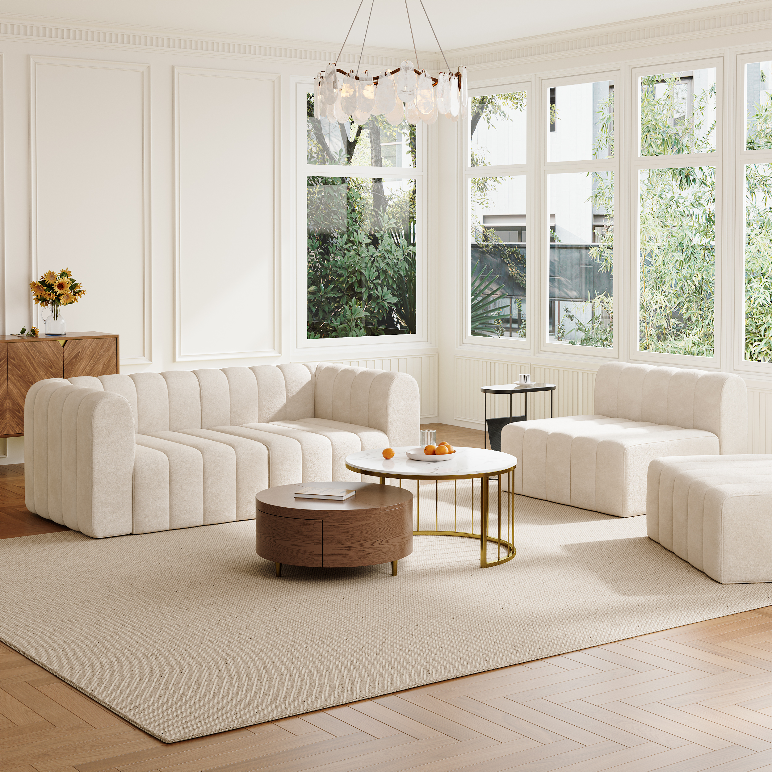 118.9'' Modern Off White Velvet Modular Pit Sectional Sofa Set Convertible 4-Piece Upholstered