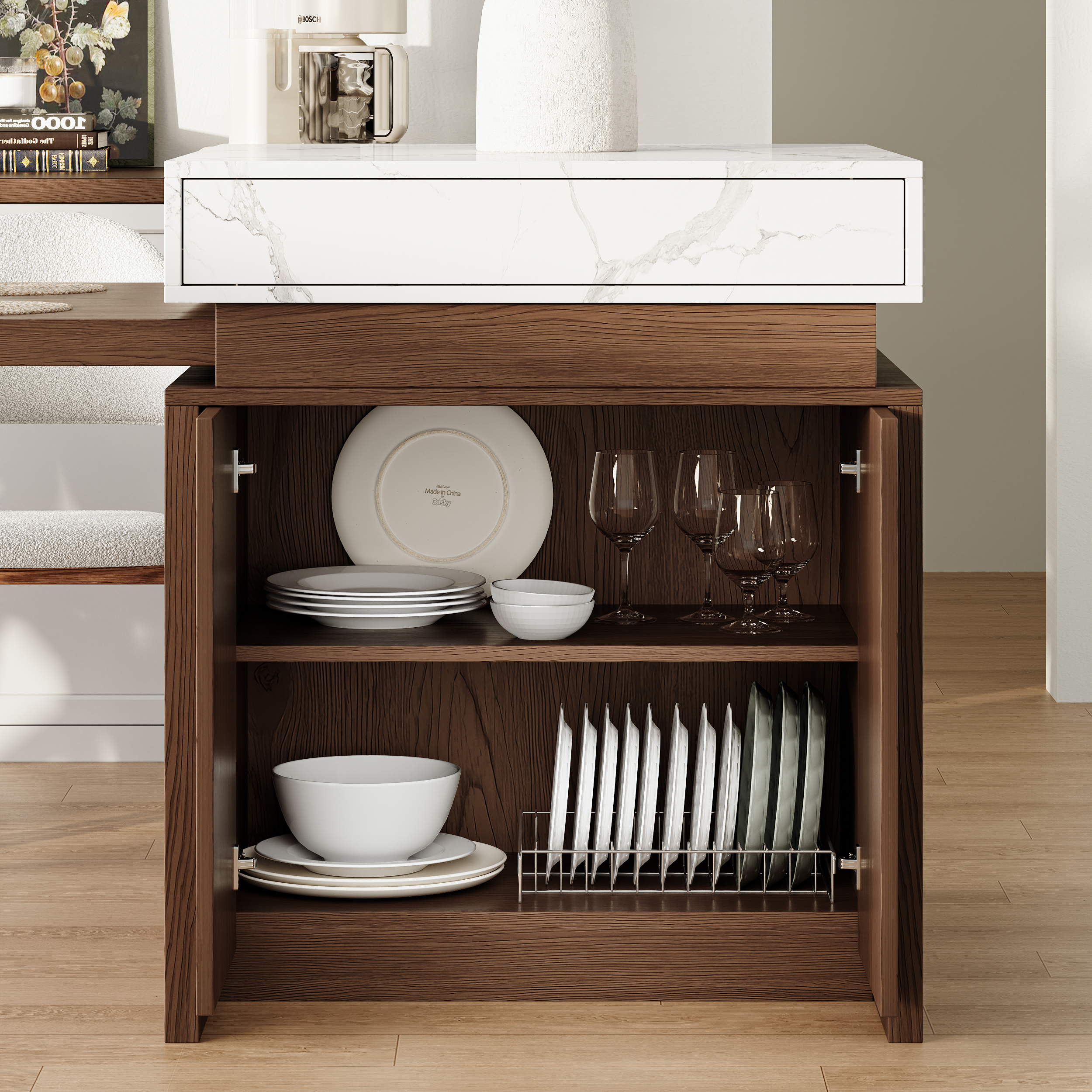 73"-93" Extendable White&Walnut Kitchen Island with Storage Kitchen Cabinet