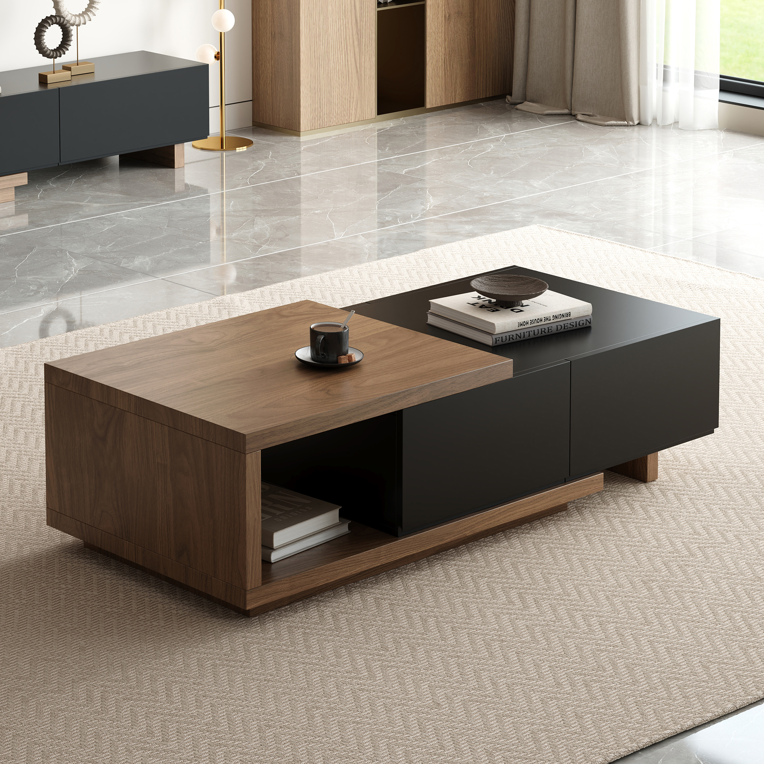 Living Room Cabinet Set Extendable TV Stand & Retracted Coffee Table Set