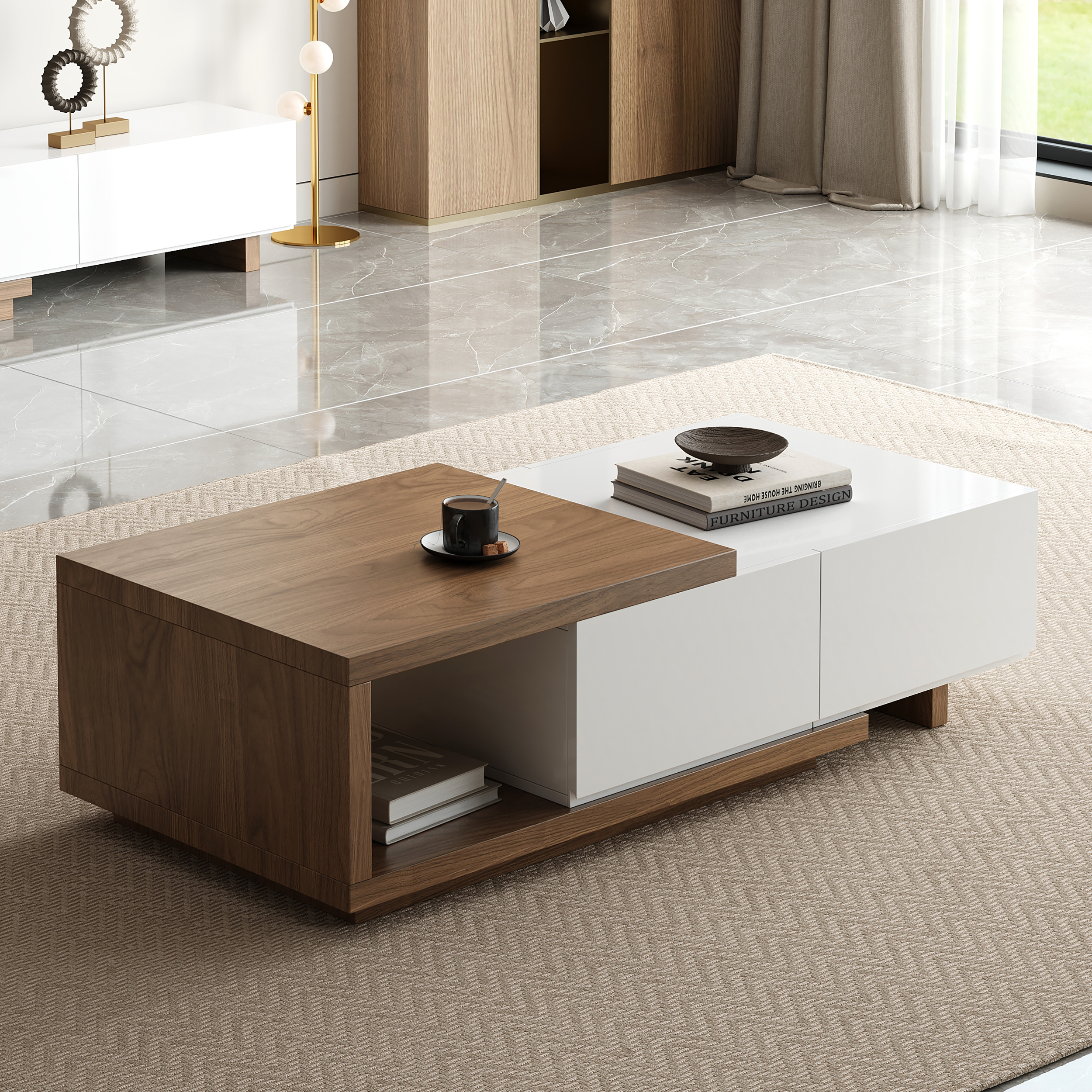 Living Room Cabinet Set 100.4" Extendable TV Stand & 68.9" Retracted Coffee Table Set