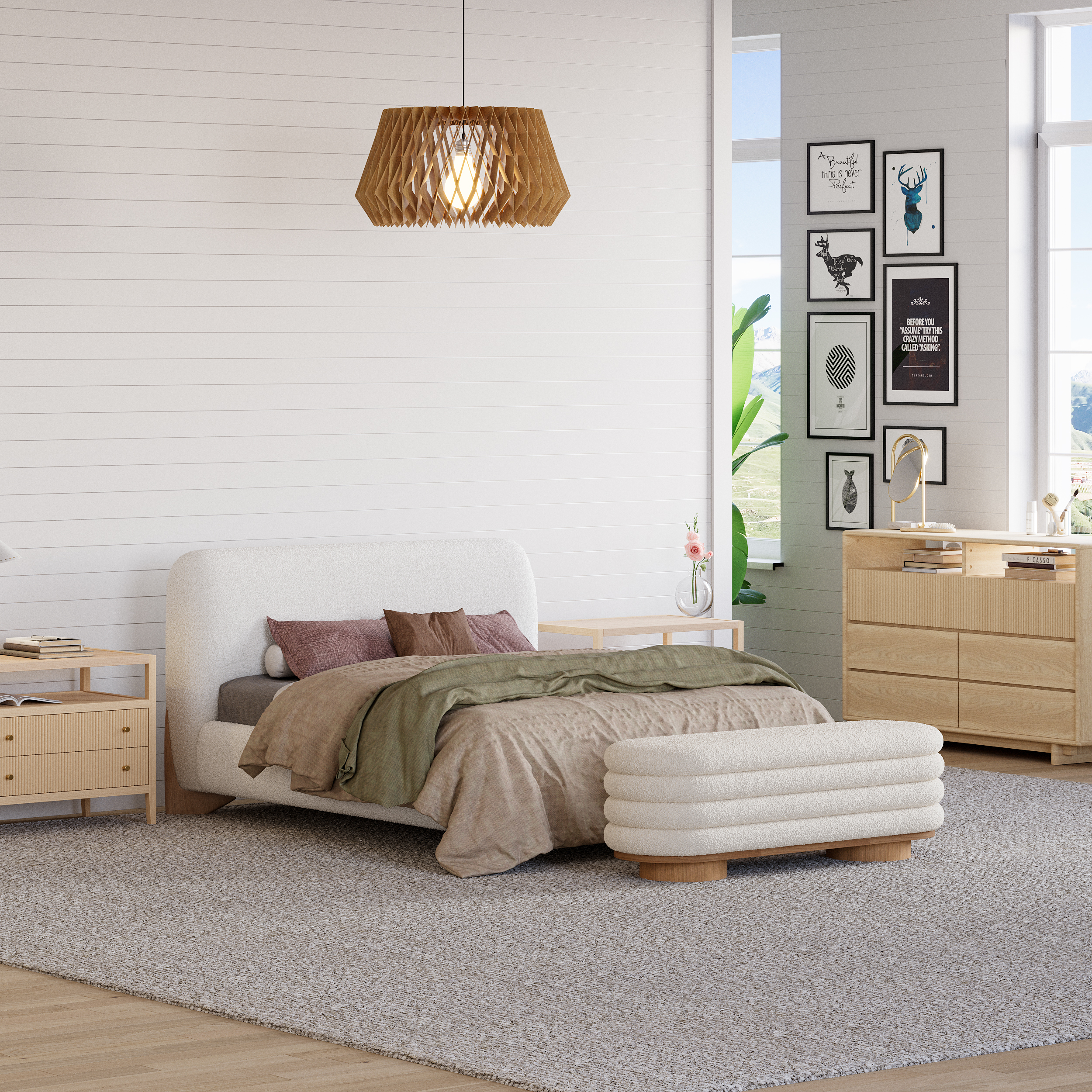 Modern White Boucle Platform Bed Cal King Size Bed Frame with Upholstered Headboard with Natural Wood Legs