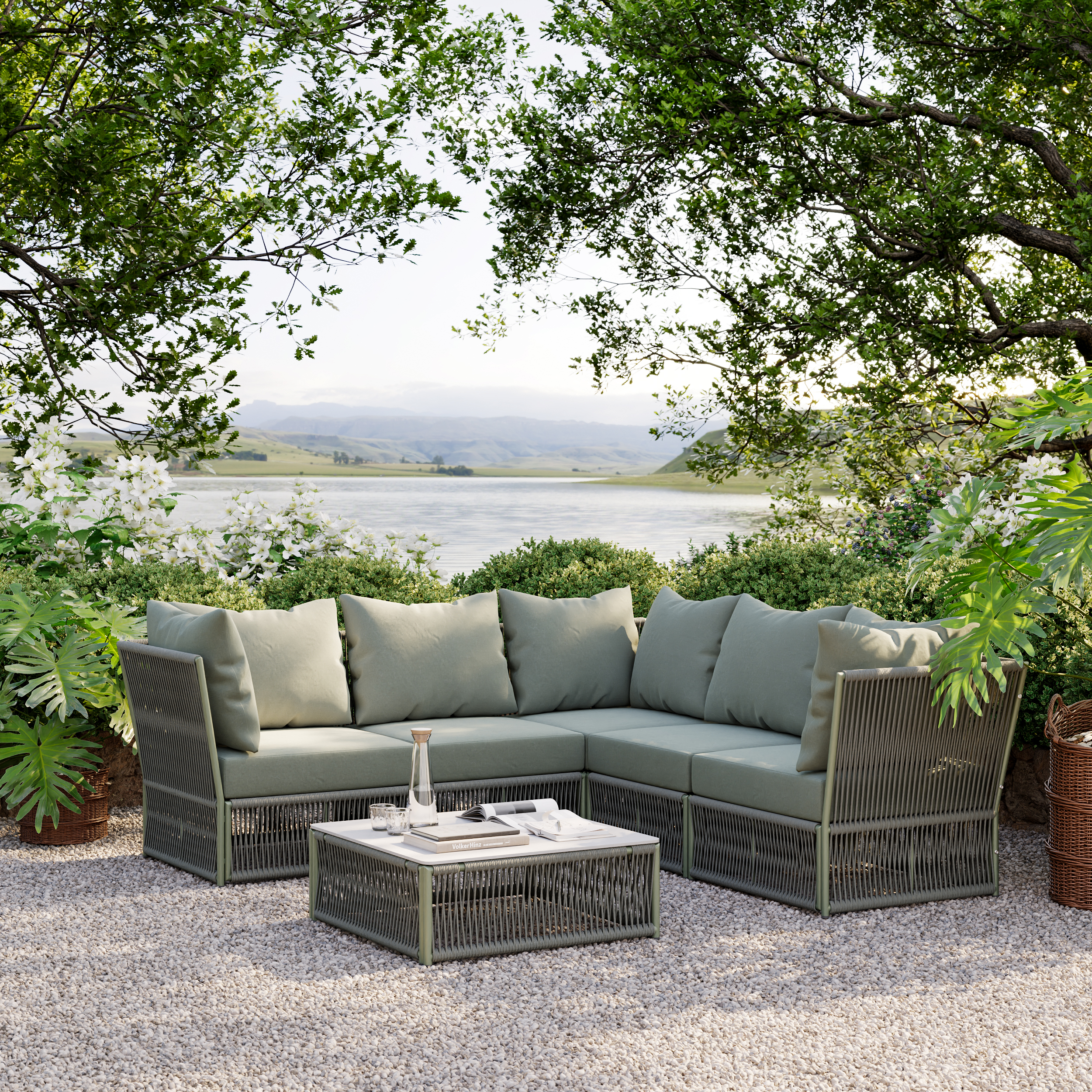 Large Grey Green L-shaped Corner Sofa Modular Fabric 2200*2200*760mm