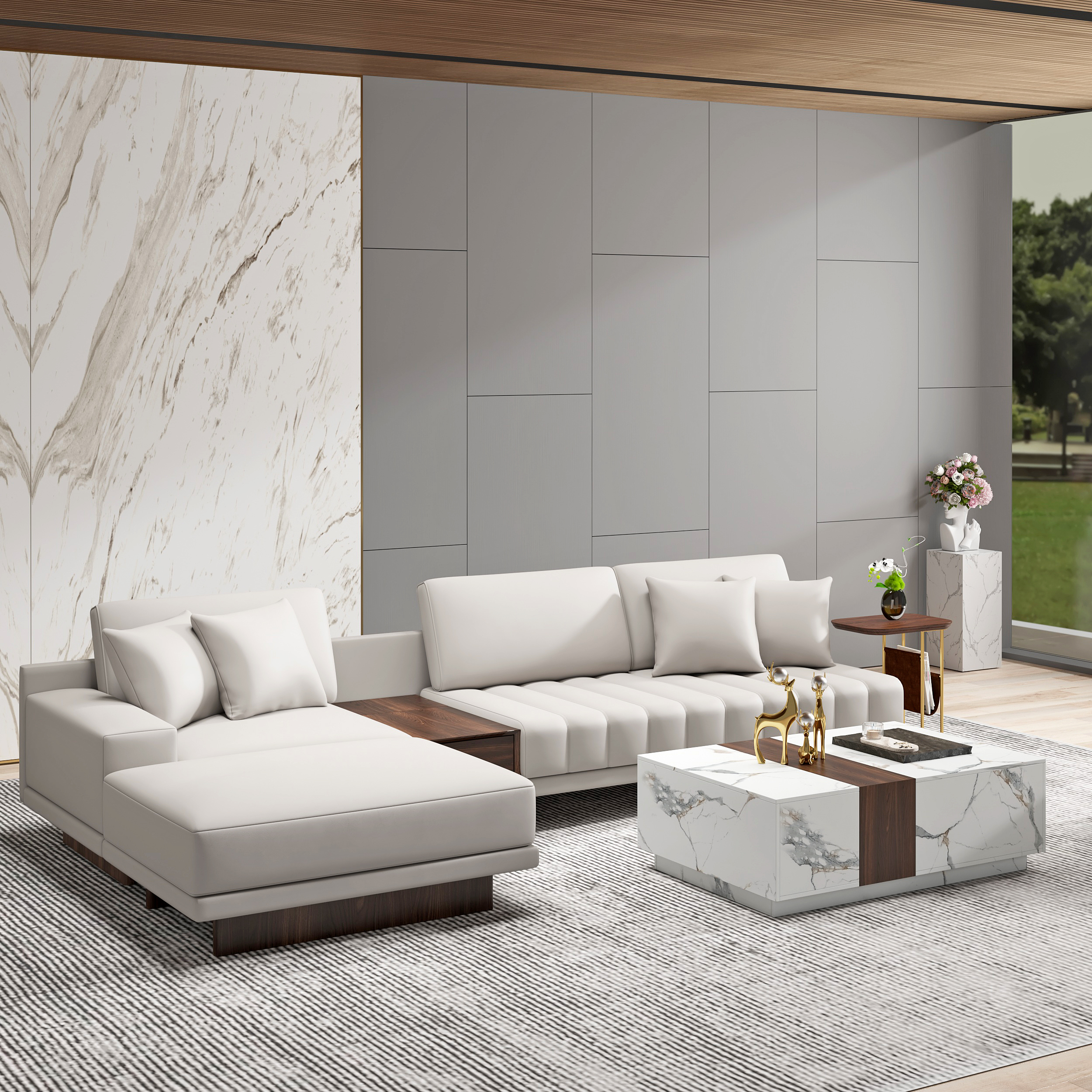 Modern Living Room Couch Set Leather L-Shaped White Modular Sectional Sofa & Wood Block Coffee Table