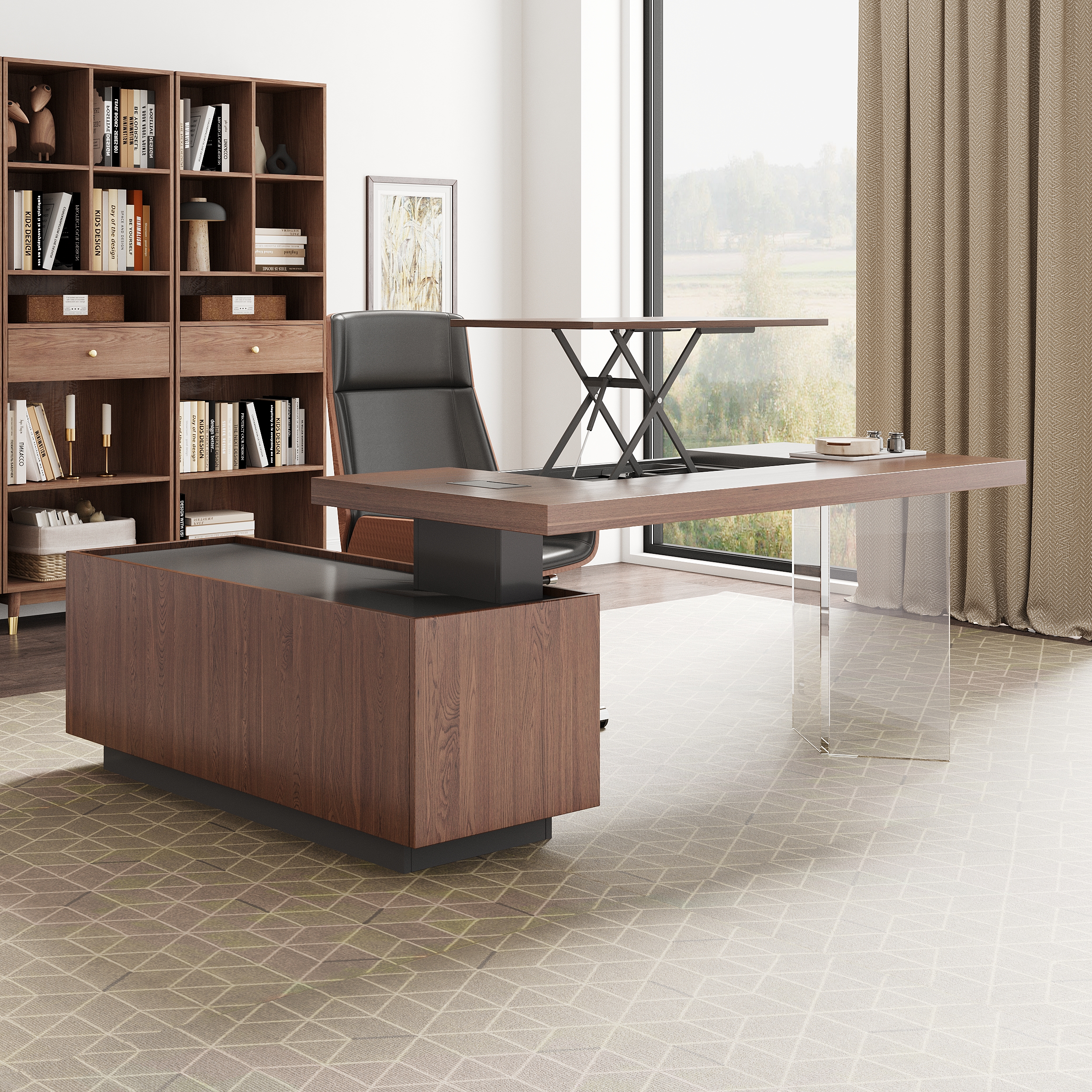 Bureau exécutif moderne en forme de L en noyer de 1815 mm avec armoire latérale, bureau debout réglable en hauteur avec pied en acrylique transparent