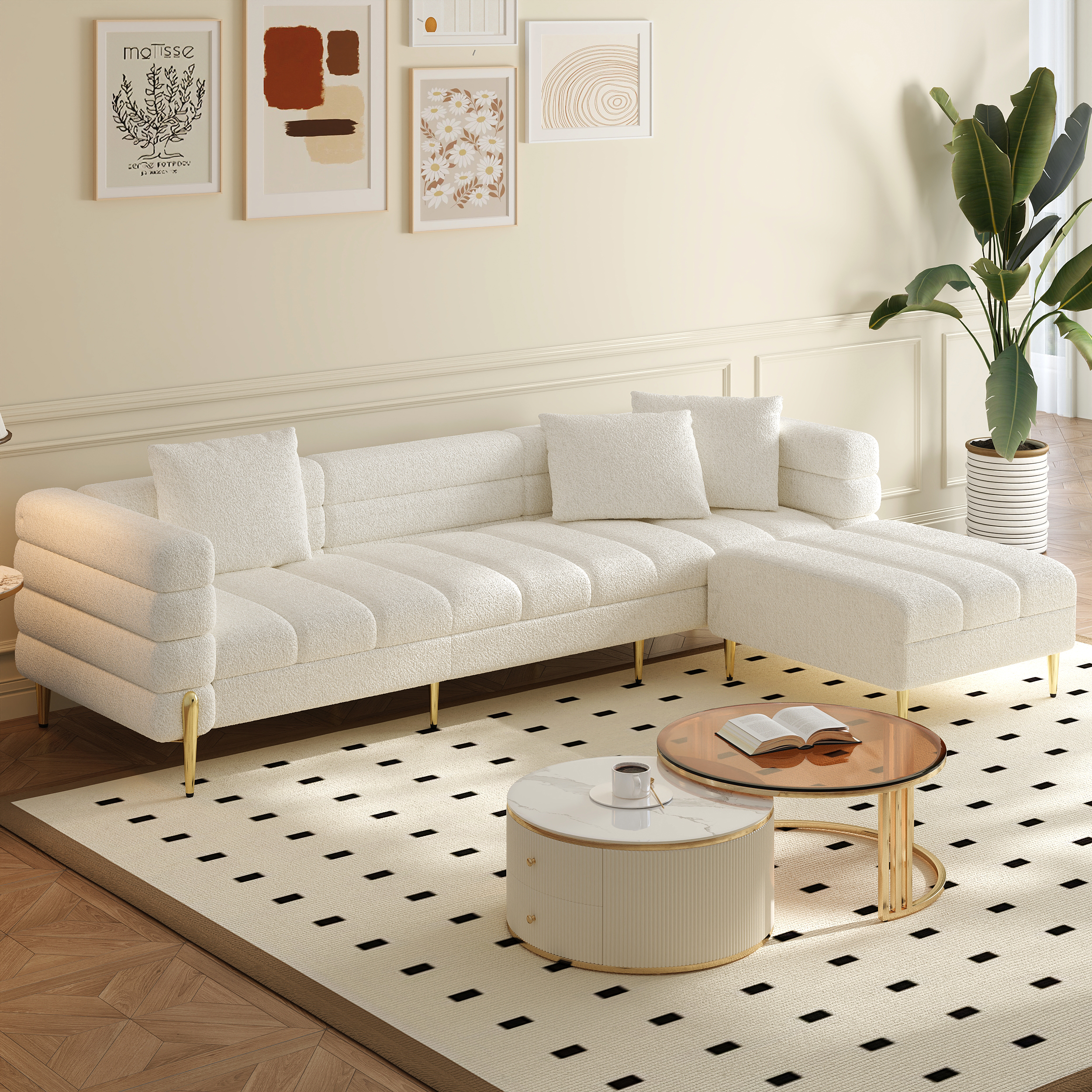 White Boucle Accent Chair Modern Modular Arm Chair	 102" Boucle Modular 4-Piece L-Shaped Couch with Chaise Modern White 3-Seater Sofa