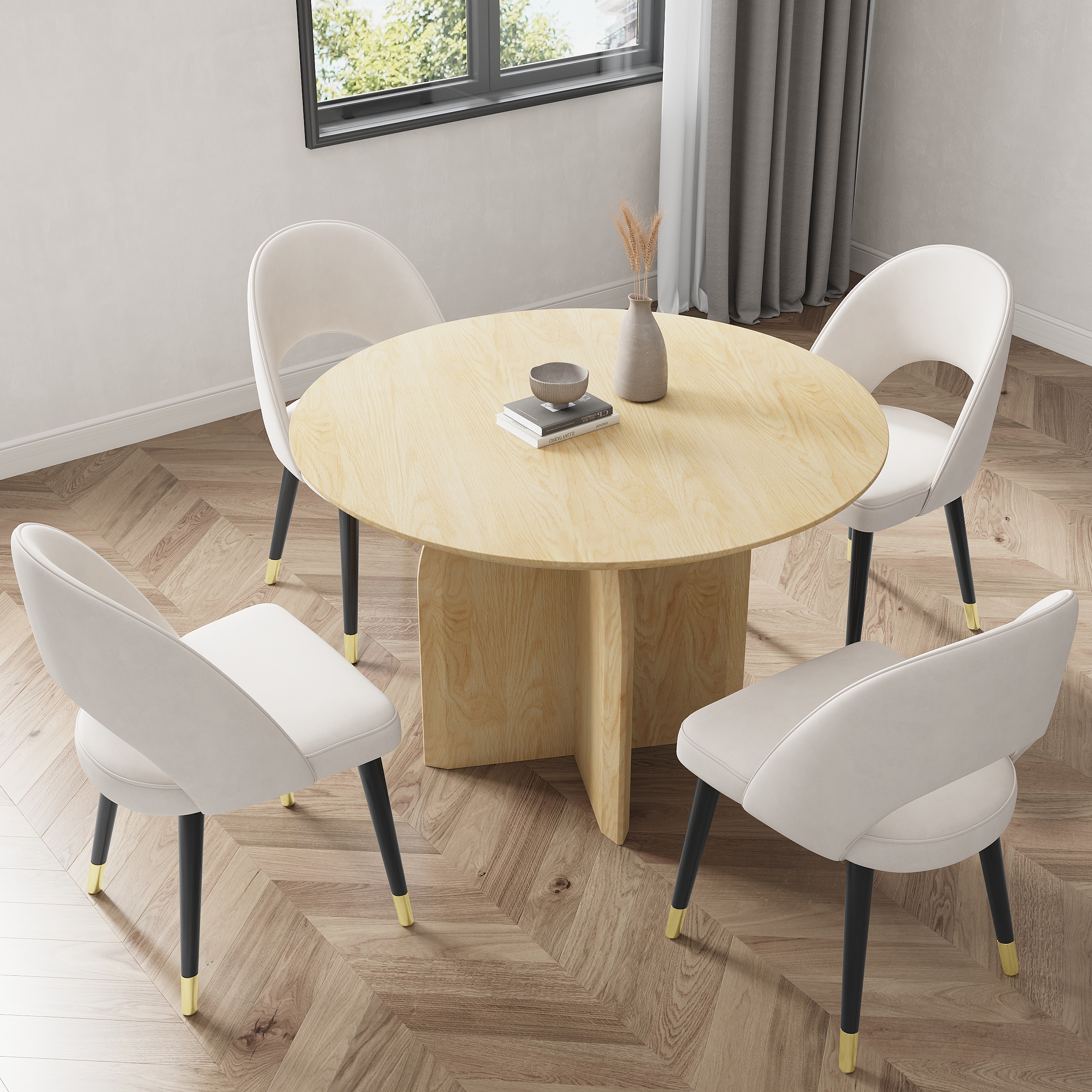 Dining Table Set 39" Round Natural Dining Table & 4 Upholstered Light Gray Velvet Dining