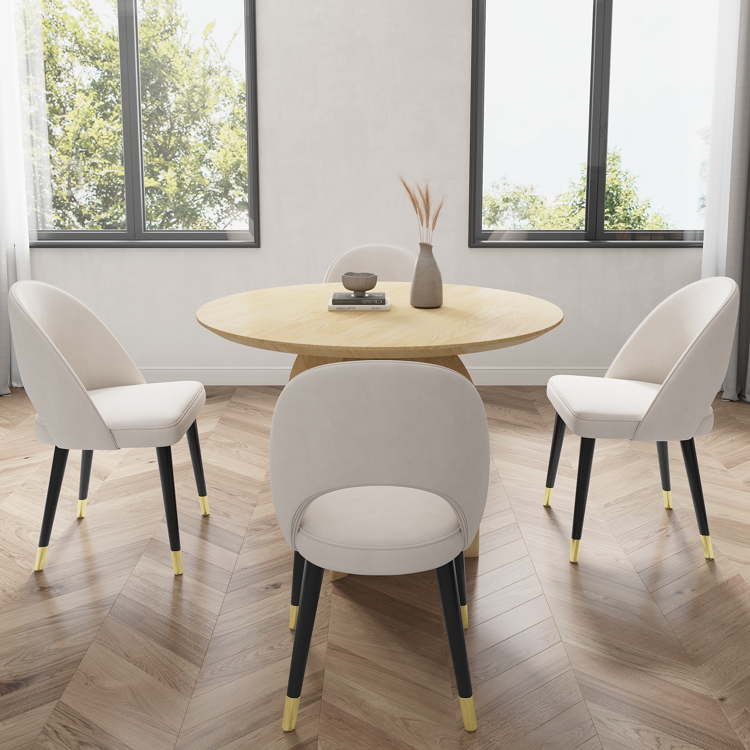 Dining Table Set 39" Round Natural Dining Table & 4 Upholstered Light Gray Velvet Dining