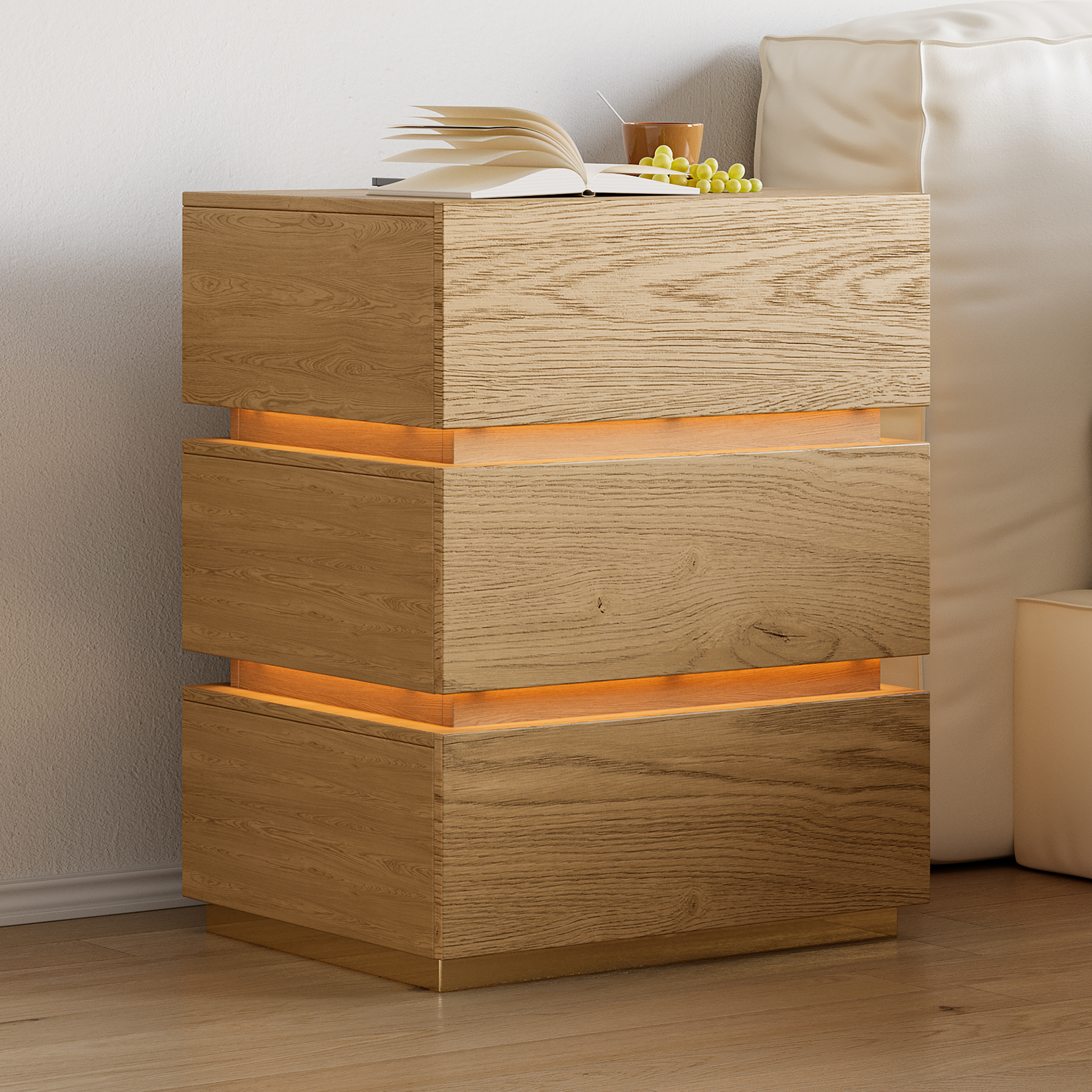 Smart LED Natural Nightstand Wireless Charging Station Wood Bedside Table with Light Modern