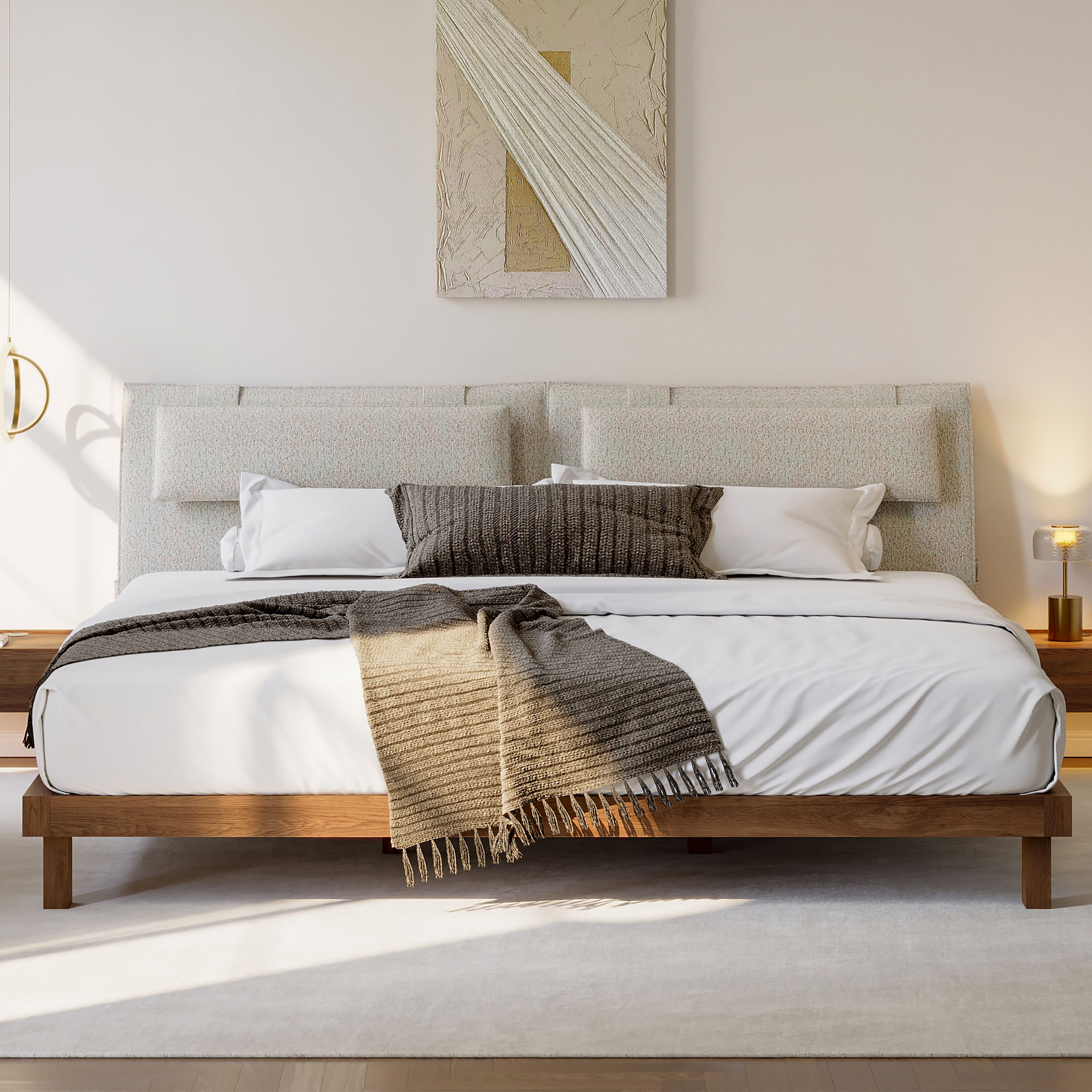 Modern King Linen Upholstered Headboard Pillow with Side Pocket Walnut King Platform Wood Bed Frame