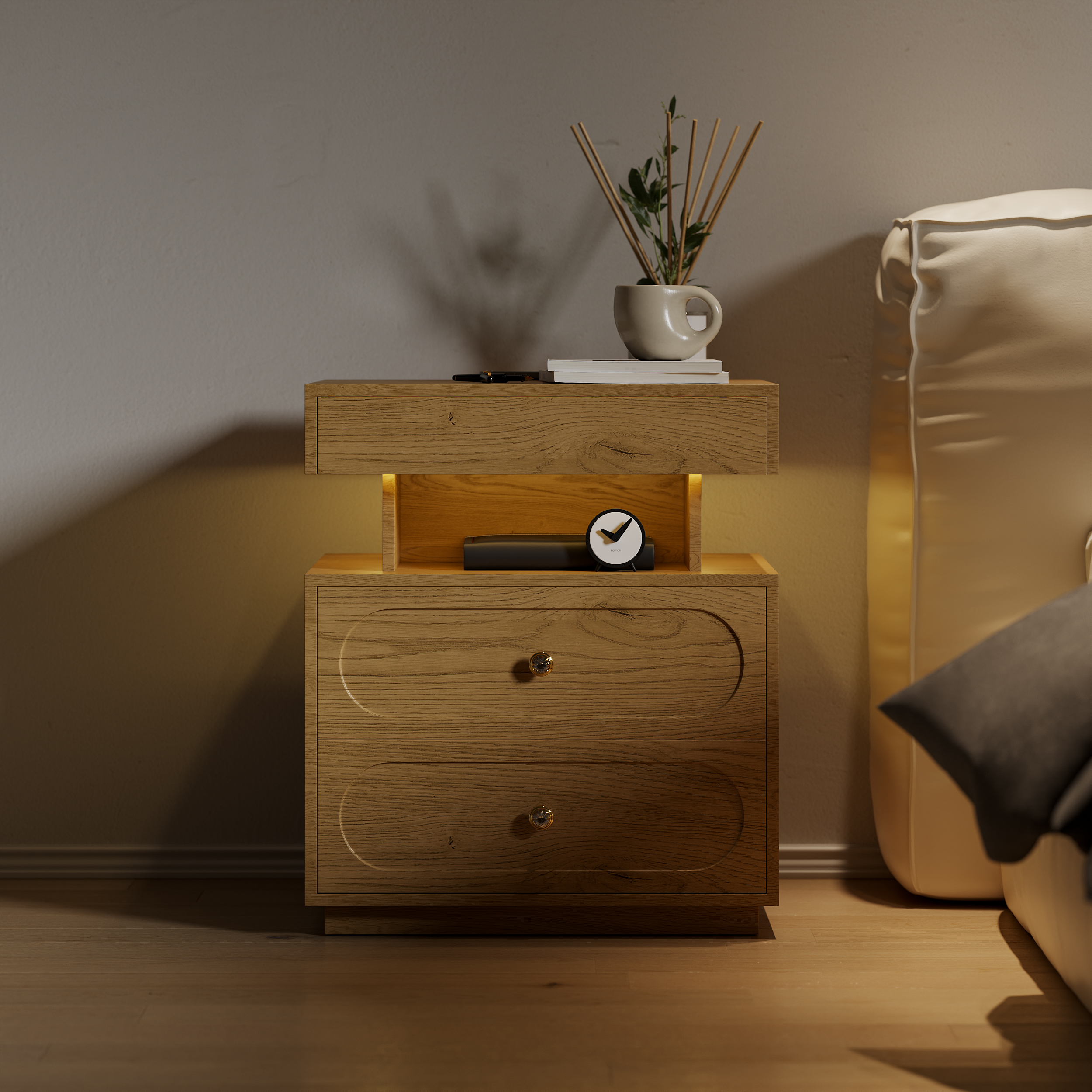 Modern Smart Nightstand with Light 2 Drawer Bedside Table with Charging Station