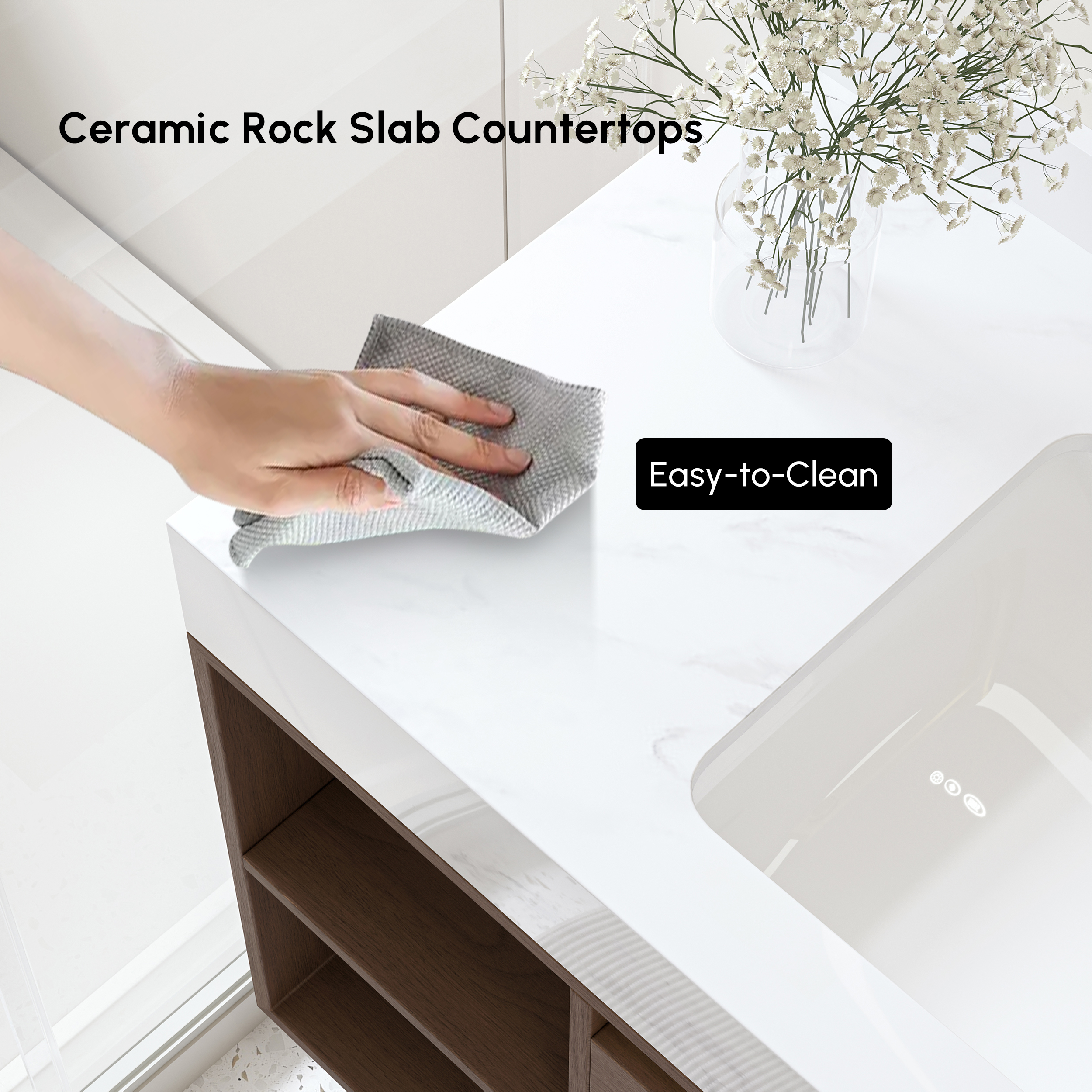 39.4" Floating Bathroom Vanity Set Cultured Marble Walnut with Ceramic Sink & 2 Drawers