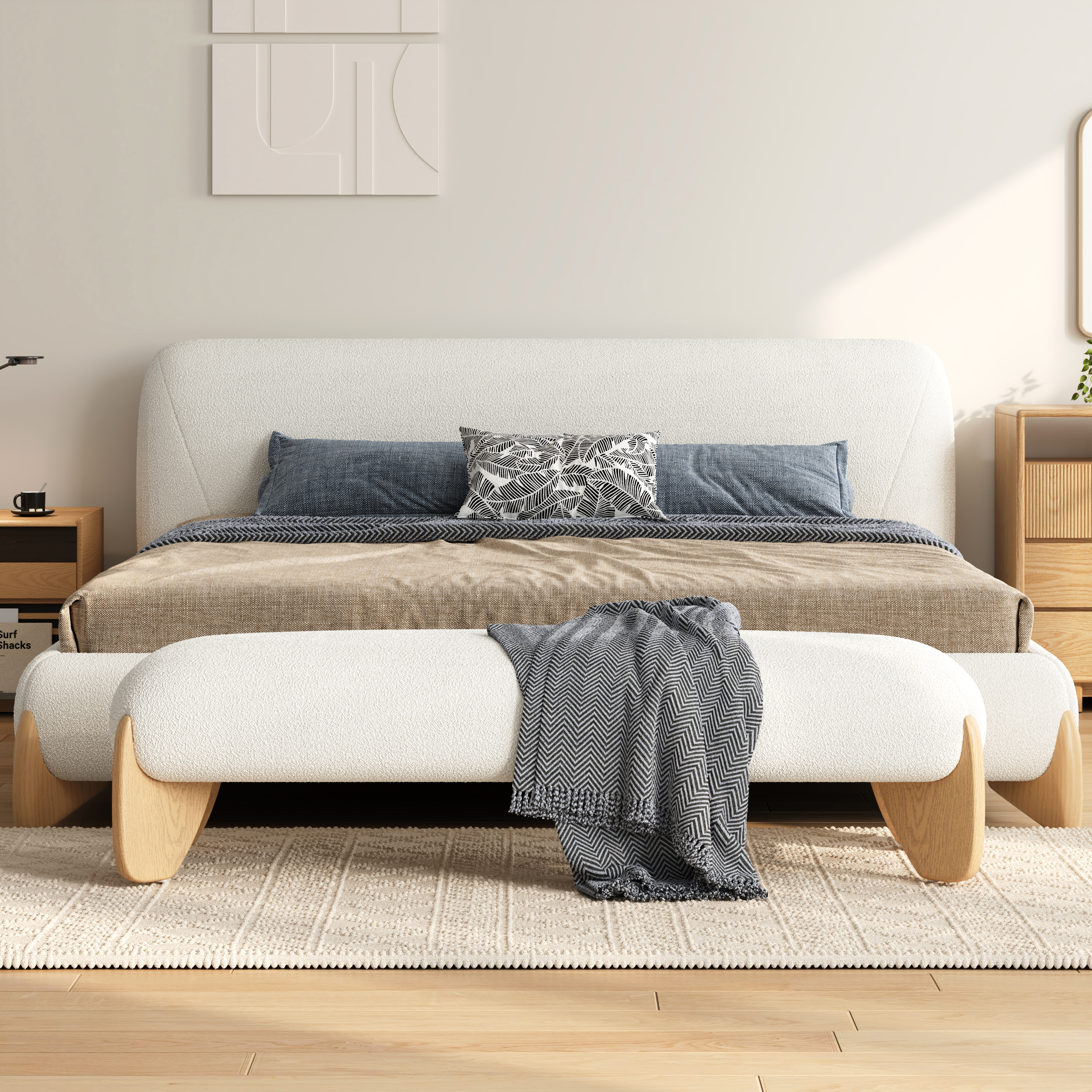 Modern White Boucle Bedroom Bench Upholstered Long Bench with Wood Legs